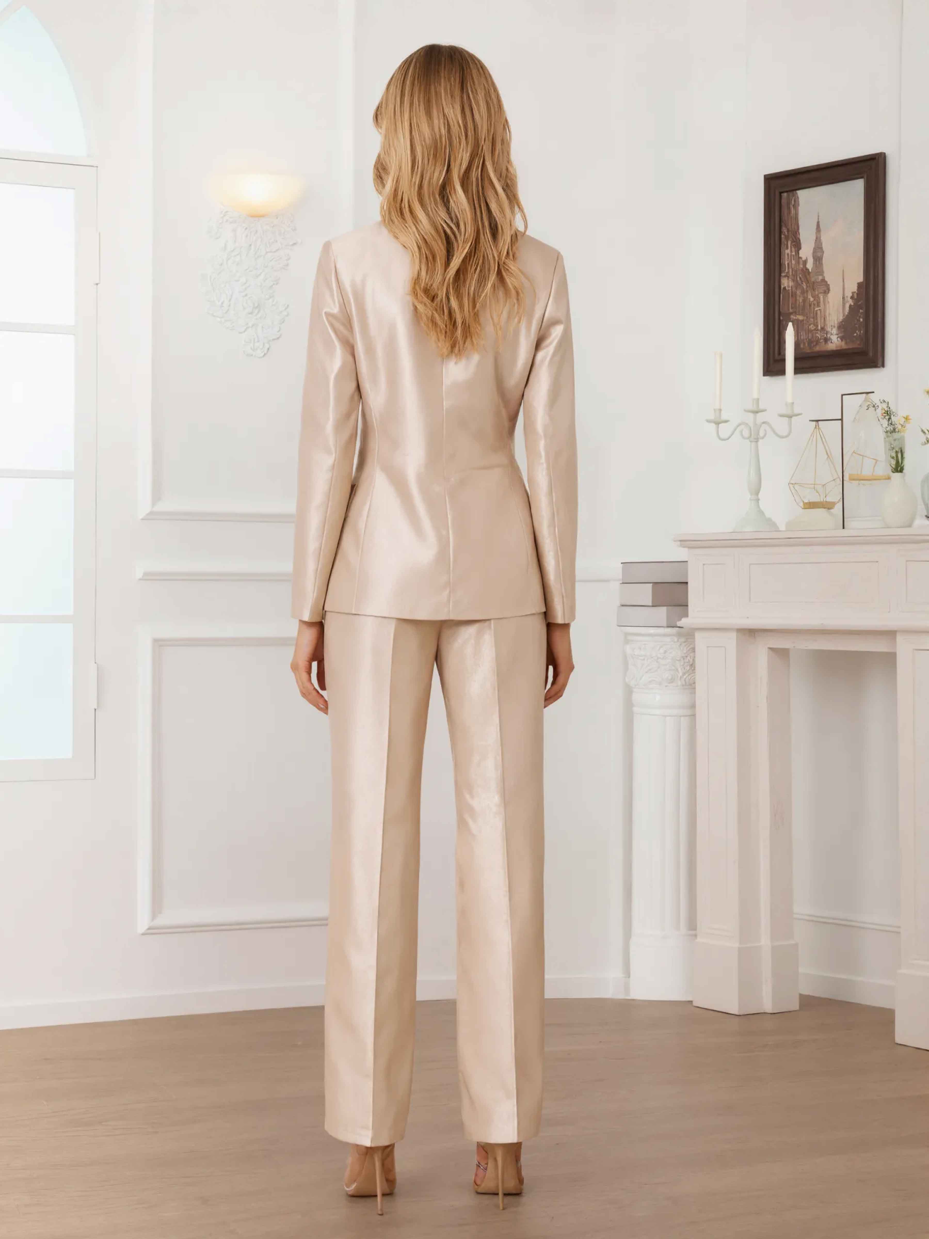 Women's 2 Pieces Peak Lapel One-Button Satin Formal Suit Set