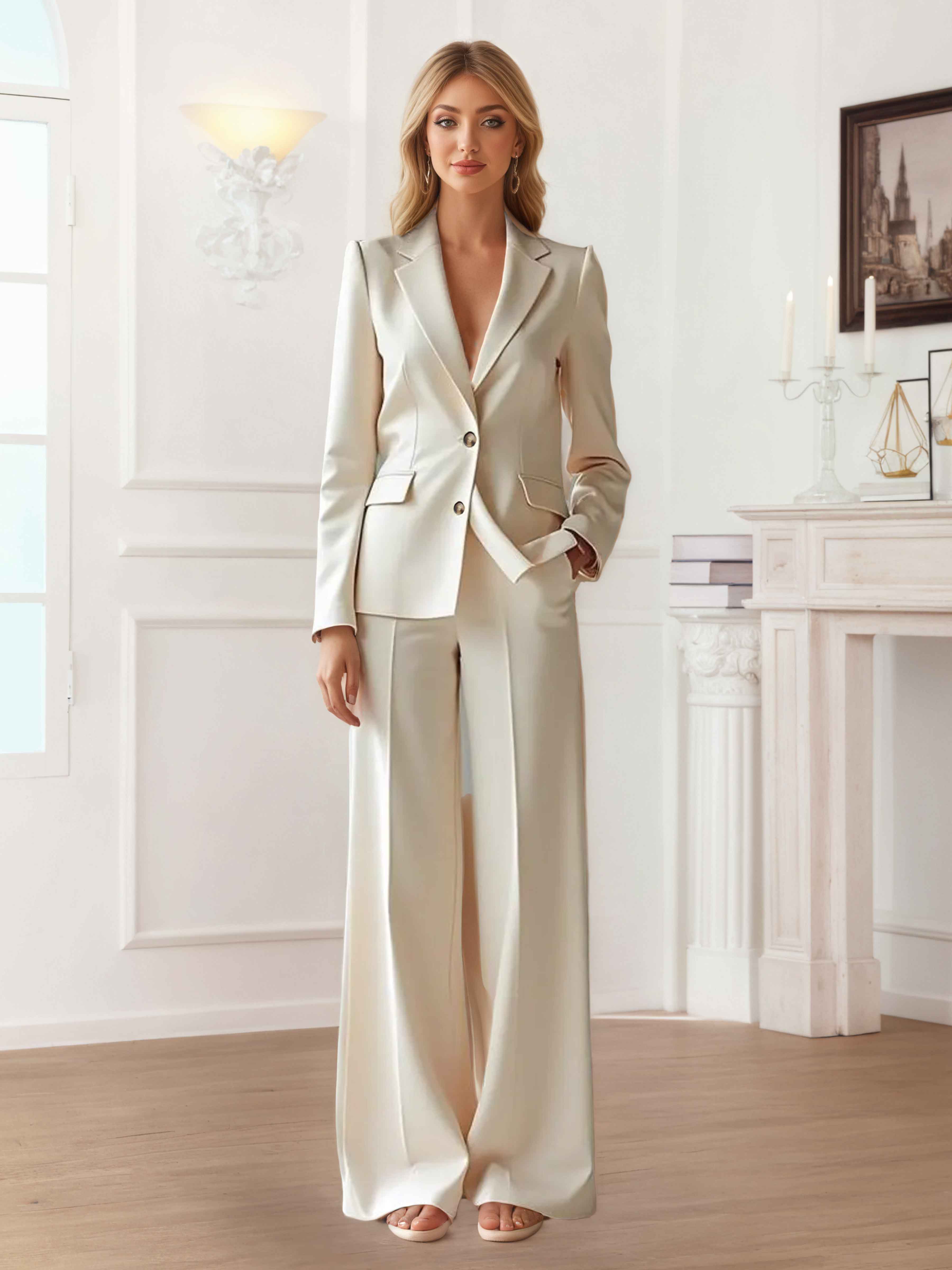 Women's 2 Pieces Solid Regular Fit Wedding Blazer and Pants Set