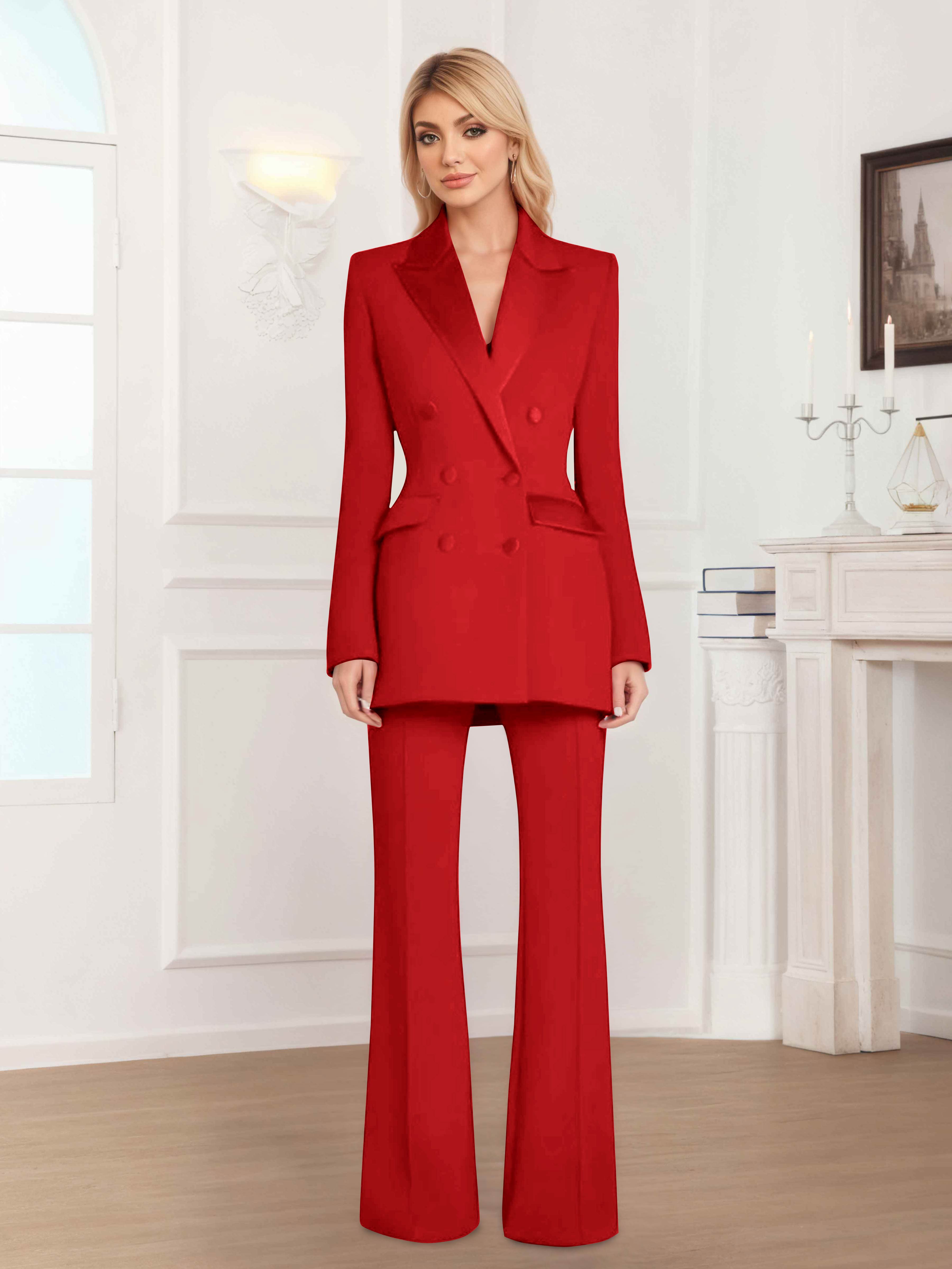 Women's 2 Pieces Notch Lapel Double Breasted Suit Set, Red