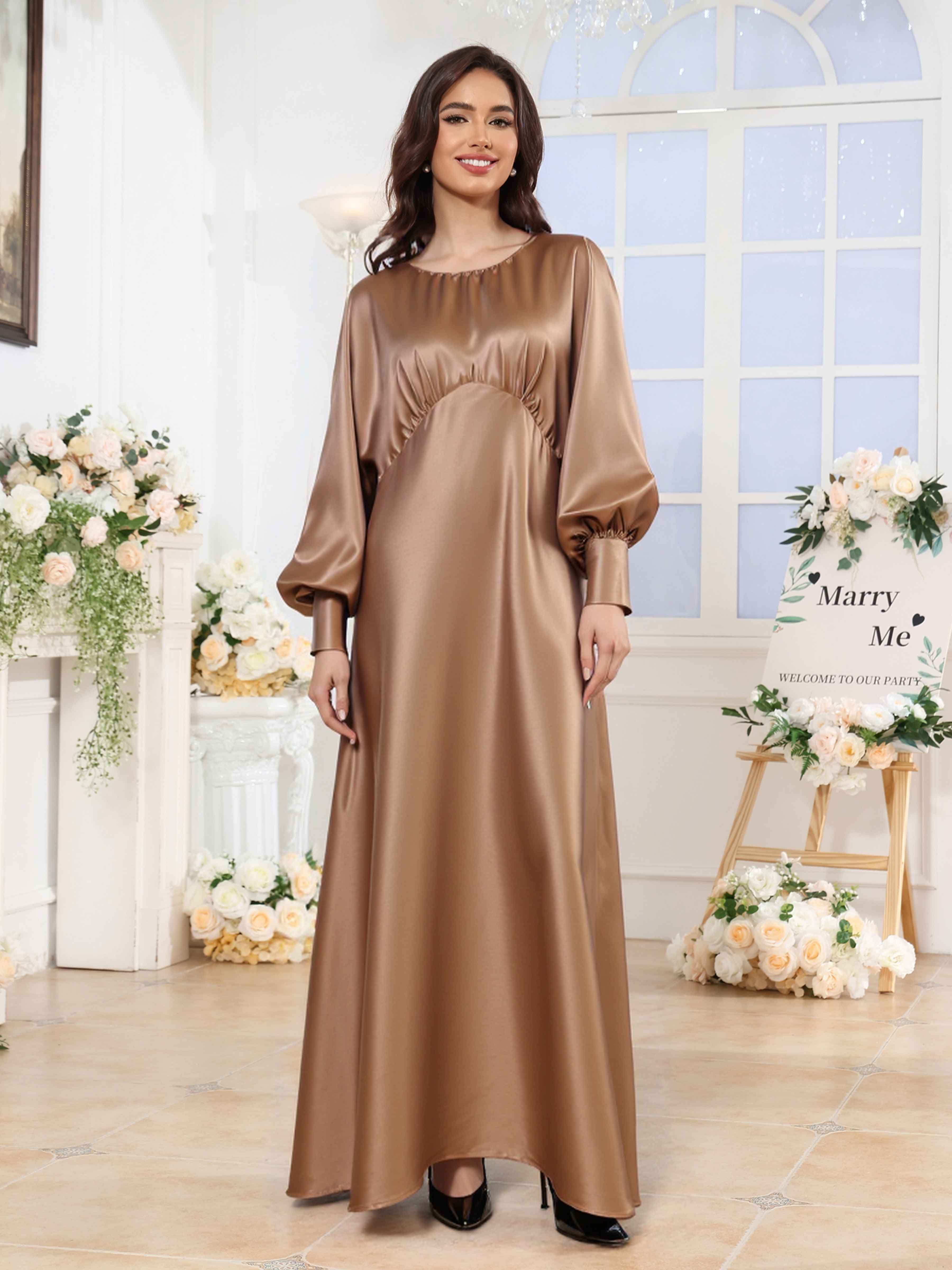 Wrenna Modest A-Line Long Sleeves Floor Length Satin Bridesmaid Dresses