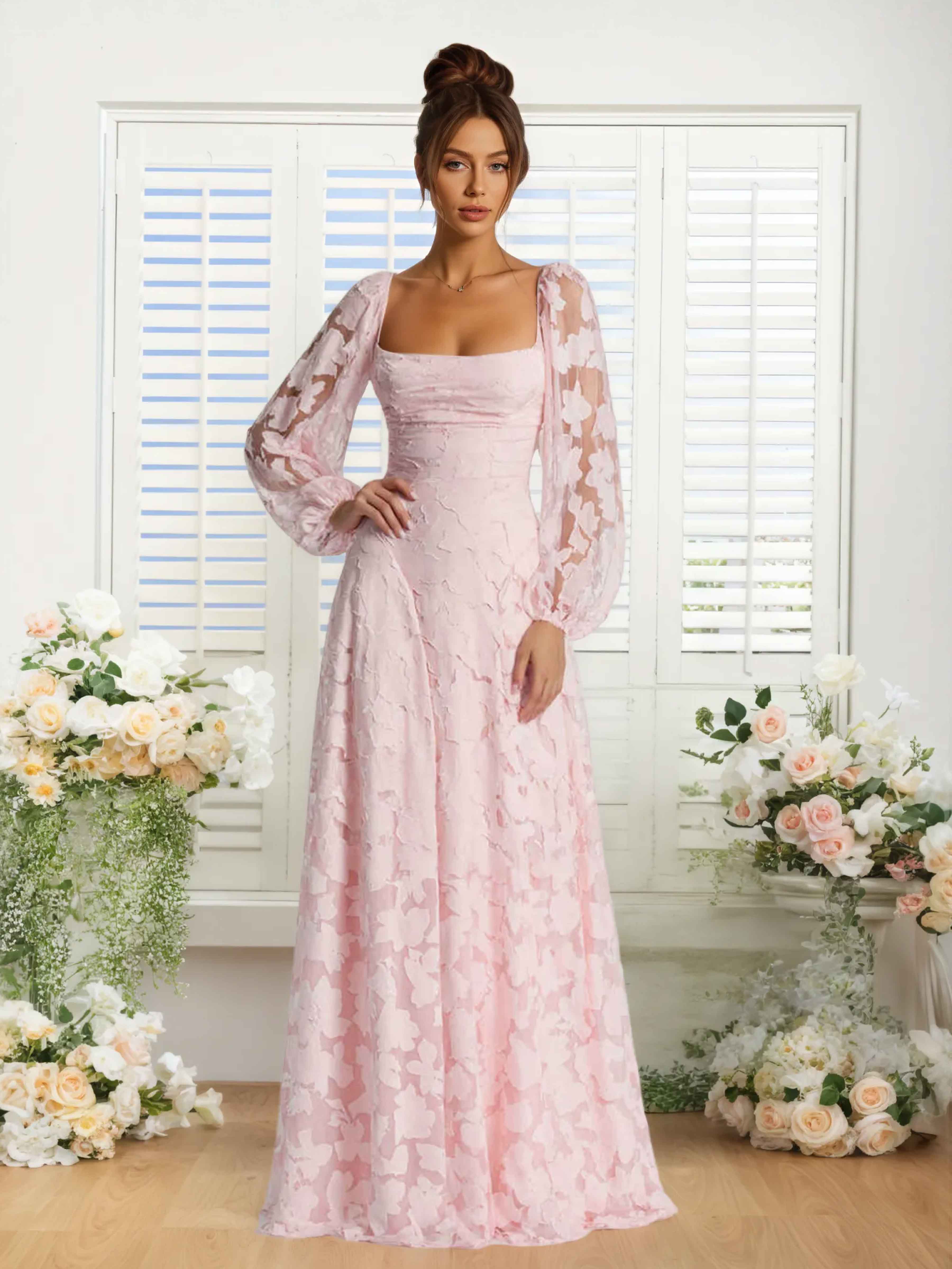 Xandra A-Line Long Sleeves Floor Length Floral Lace Formal Dresses