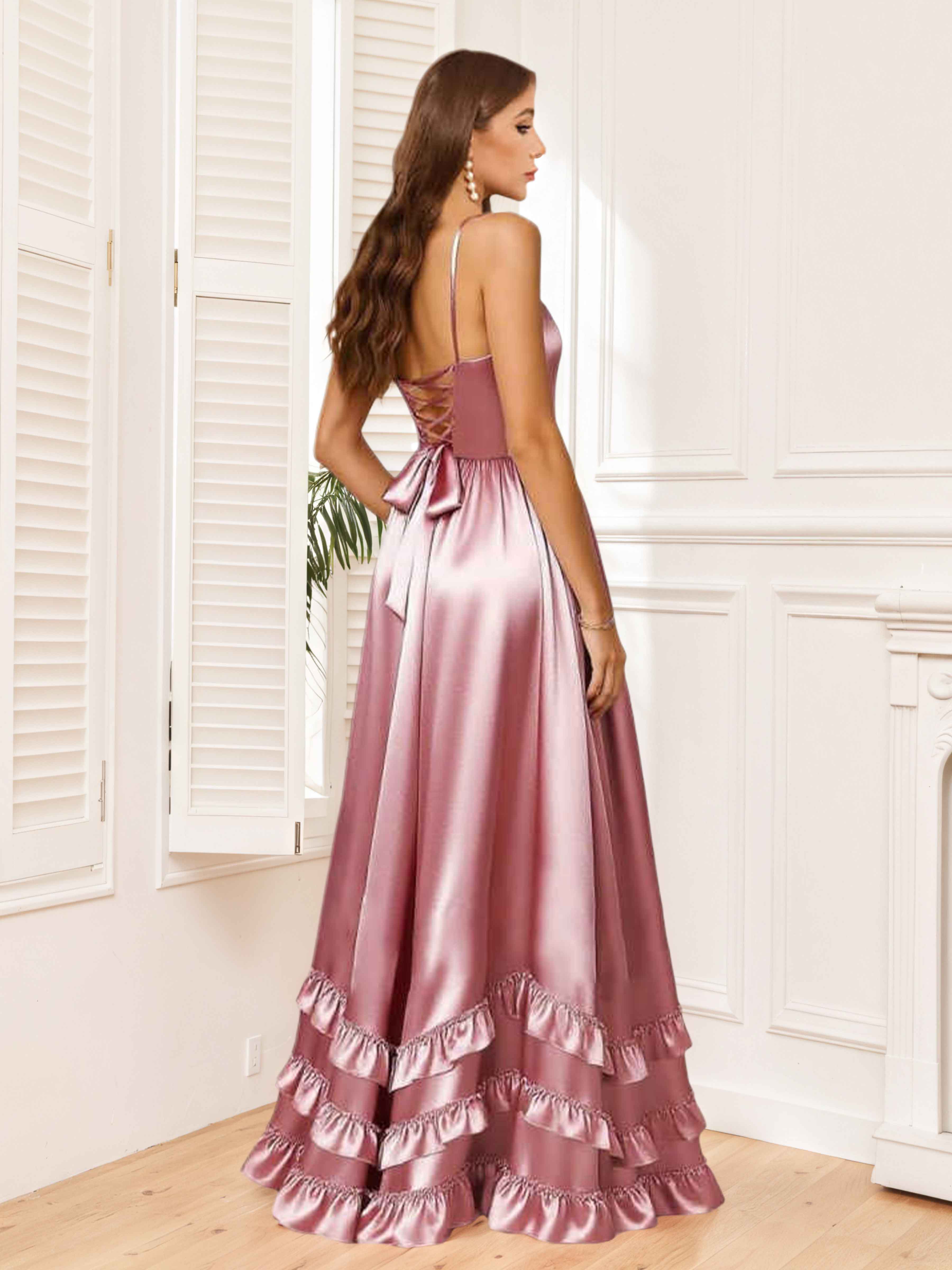 Xenia Chic Ruched Tiered Slit Floor Length Satin Bridesmaid Dresses
