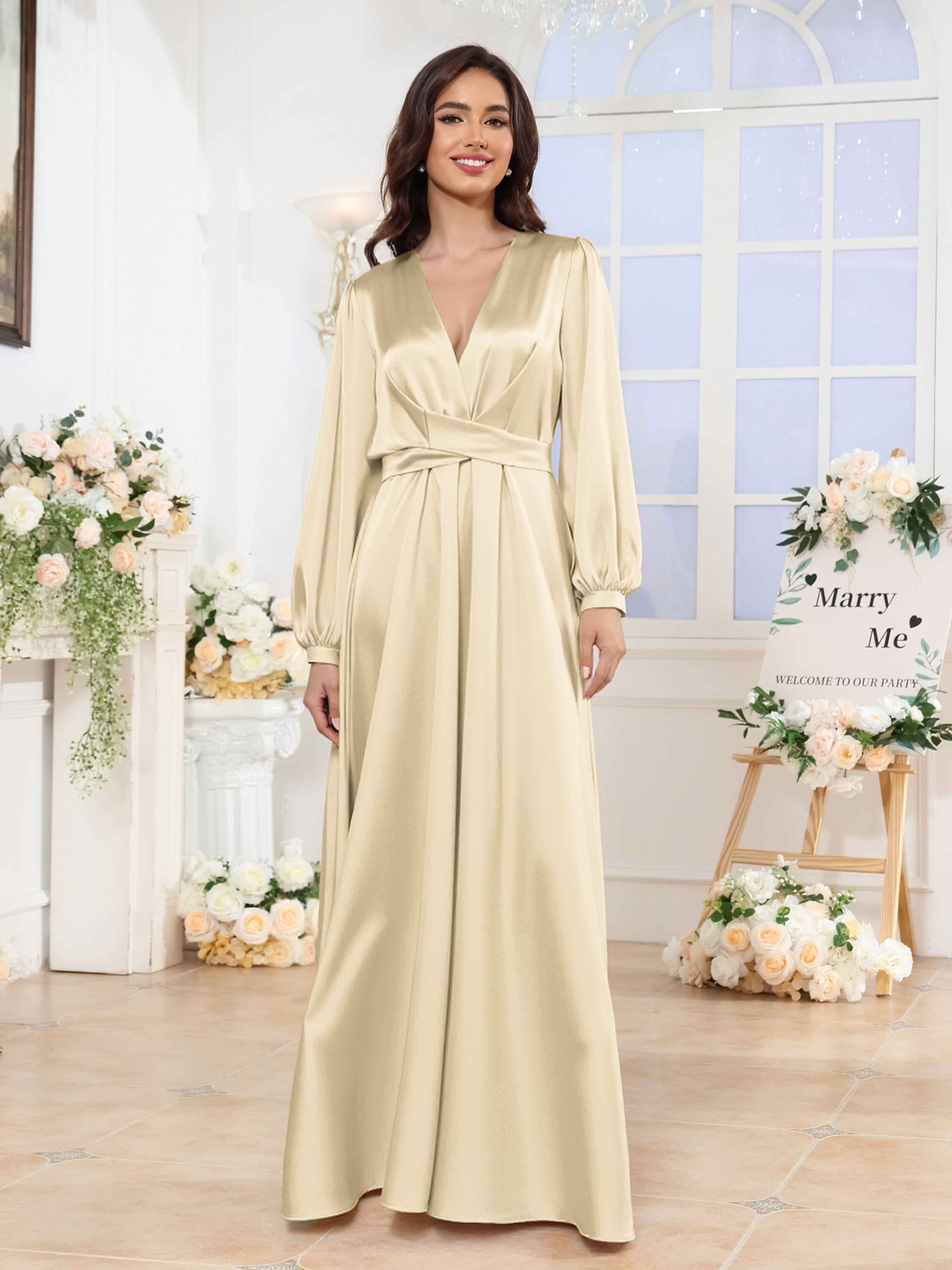 Xyla Charming V Neck Long Sleeves Floor Length Satin Bridesmaid Dresses, Burgundy