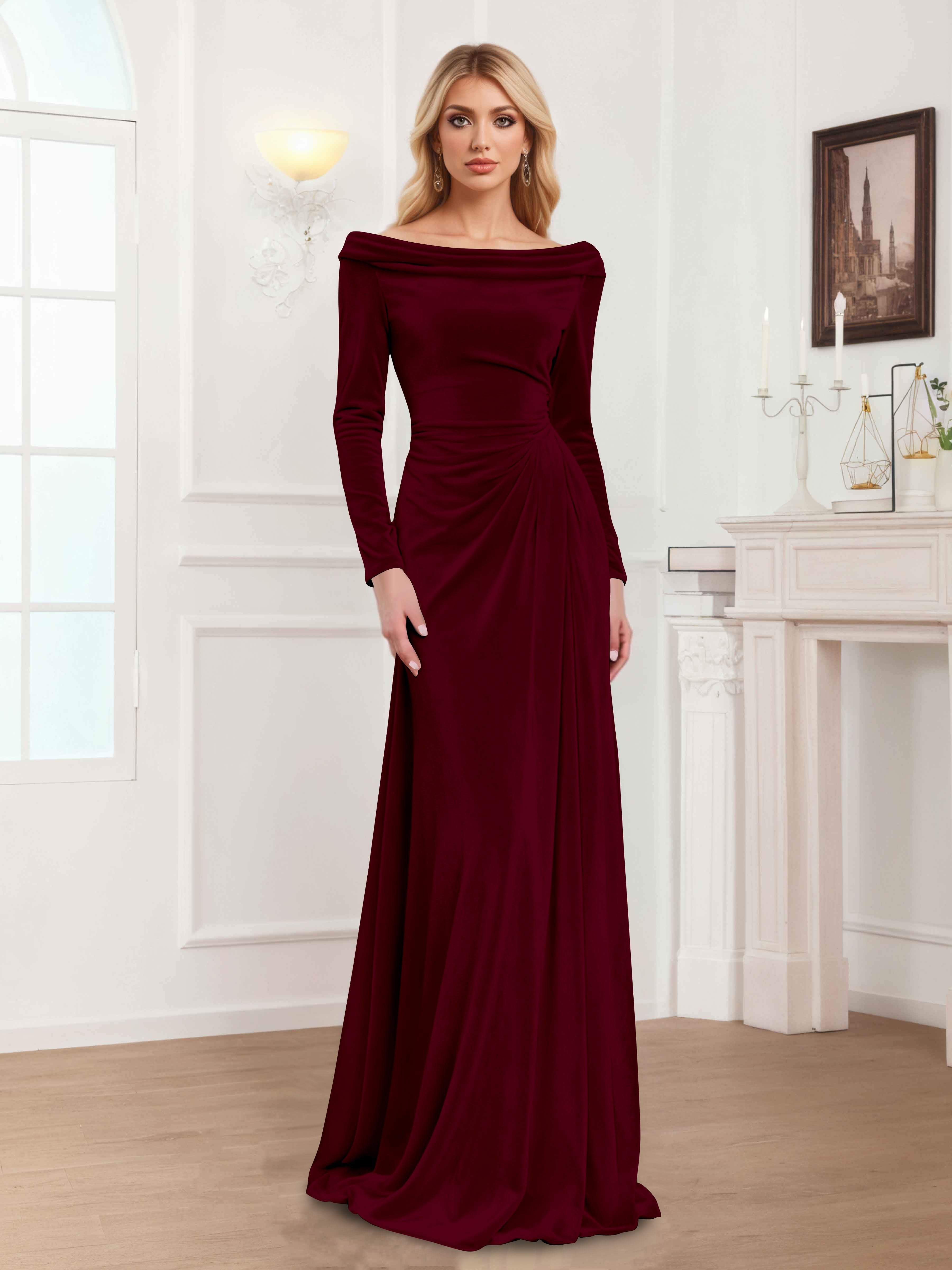 Zanna Modern Long Sleeves Ruched Long Velvet Mother Of The Bride Dresses
