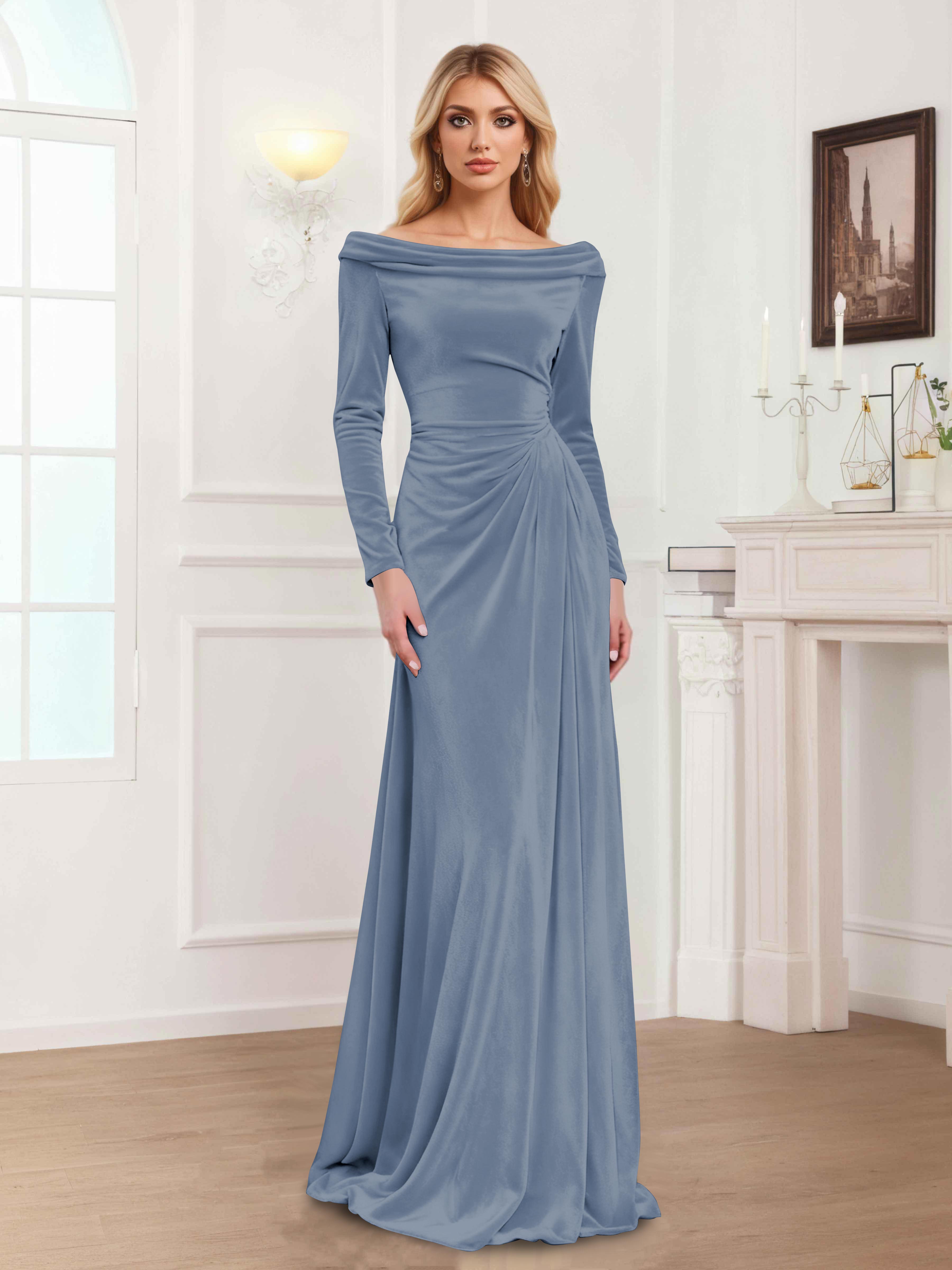 Zanna Modern Long Sleeves Ruched Long Velvet Mother Of The Bride Dresses