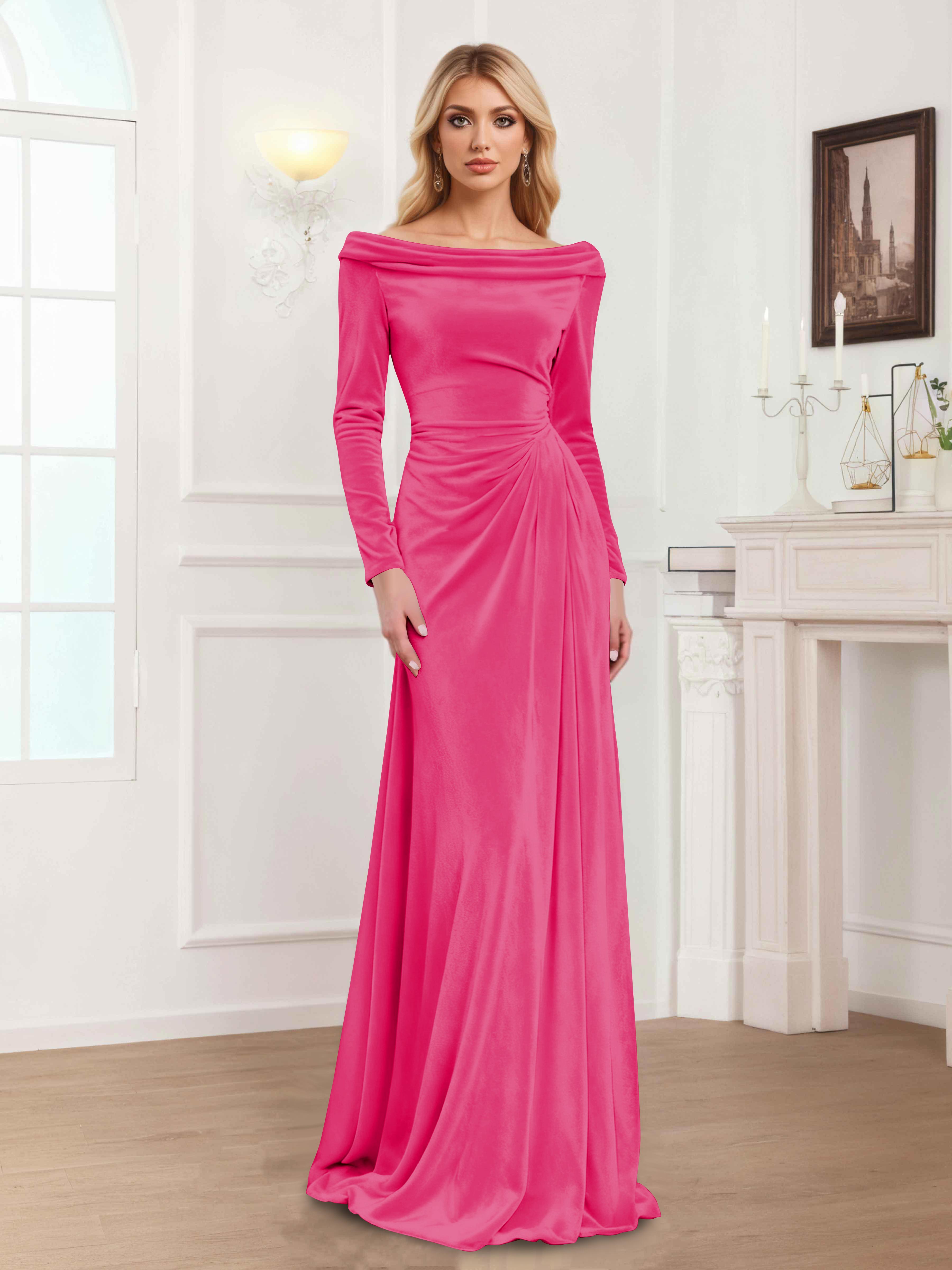 Zanna Modern Long Sleeves Ruched Long Velvet Mother Of The Bride Dresses