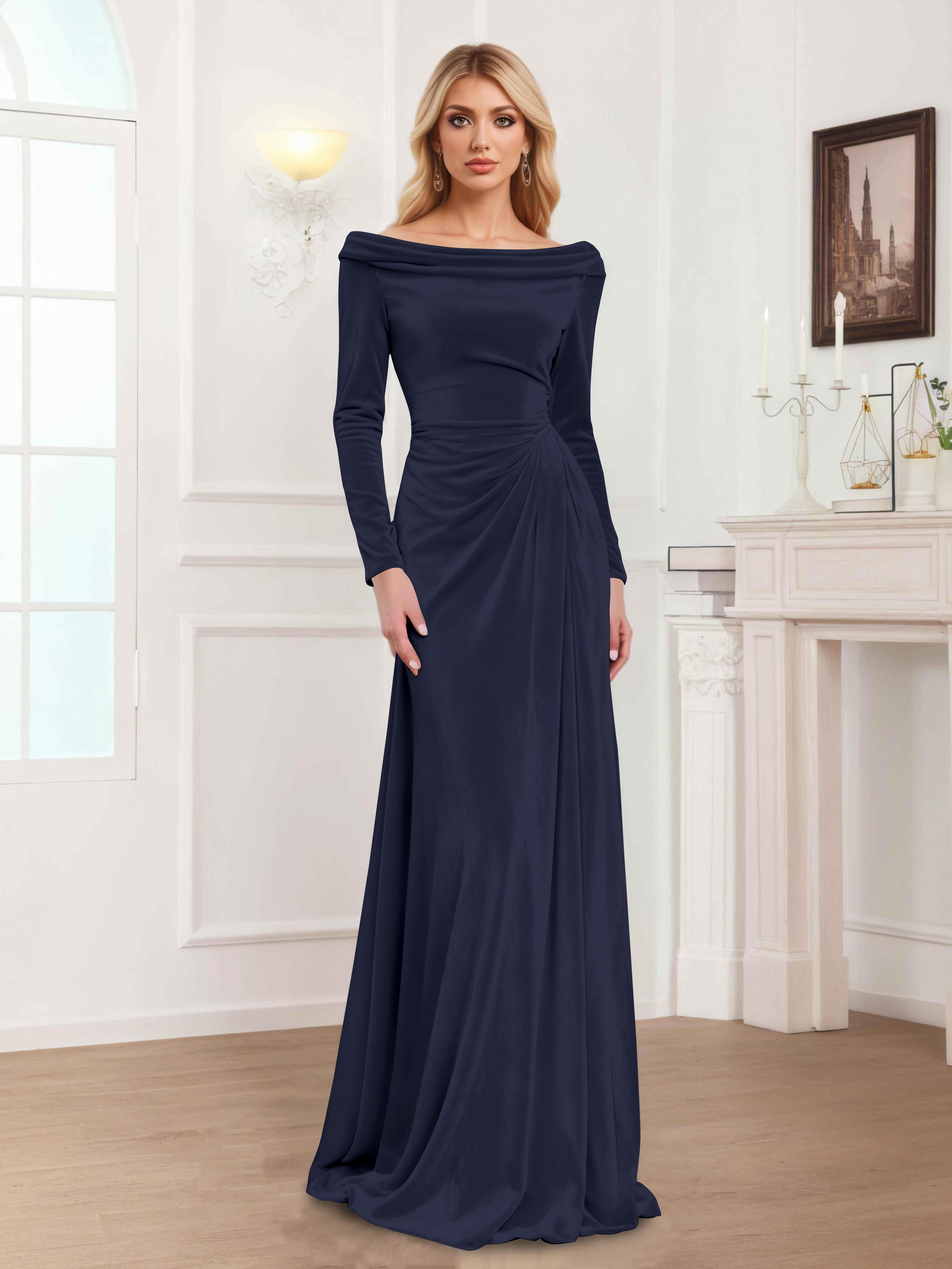 Zanna Modern Long Sleeves Ruched Long Velvet Mother Of The Bride Dresses
