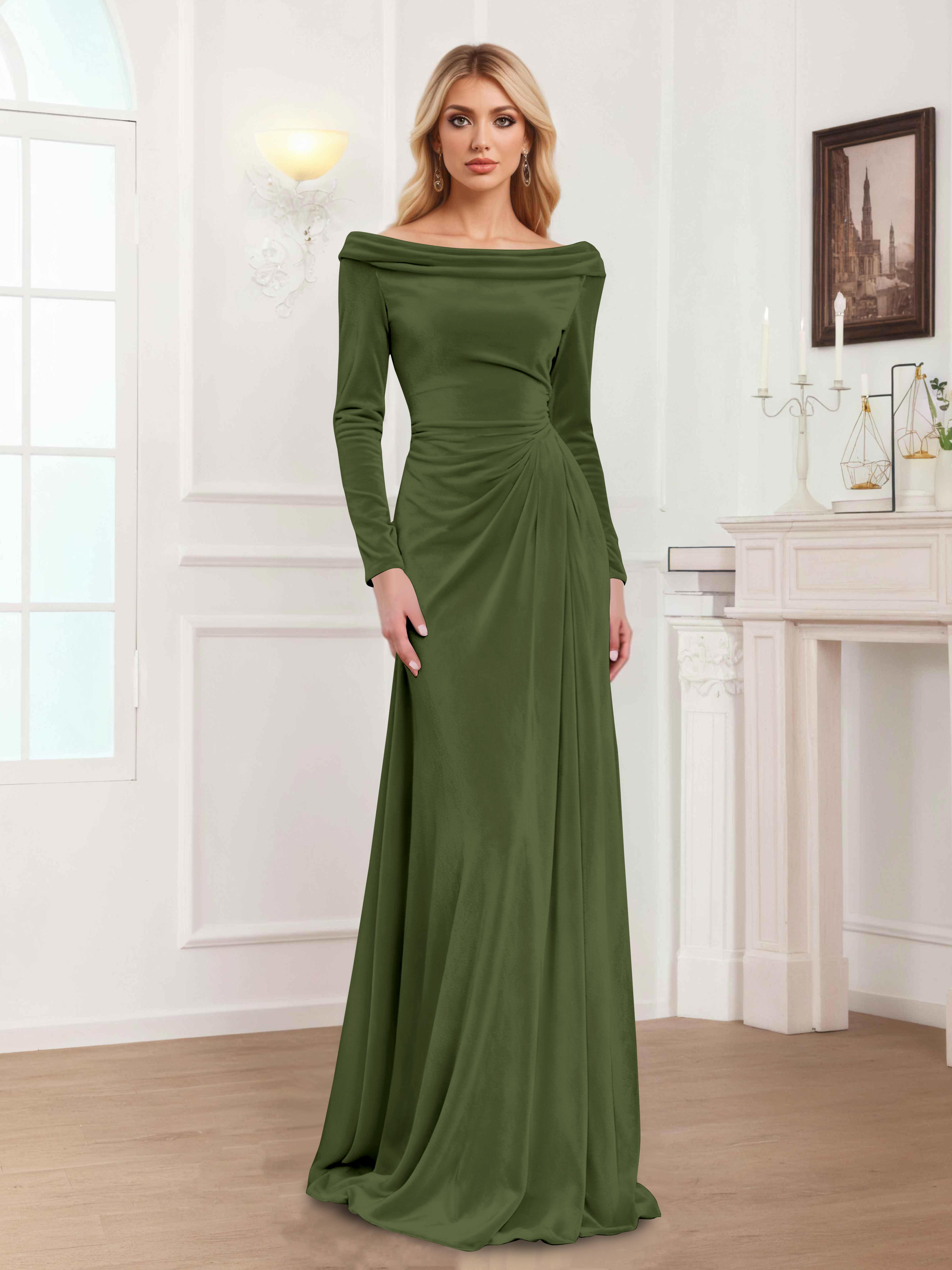 Zanna Modern Long Sleeves Ruched Long Velvet Mother Of The Bride Dresses