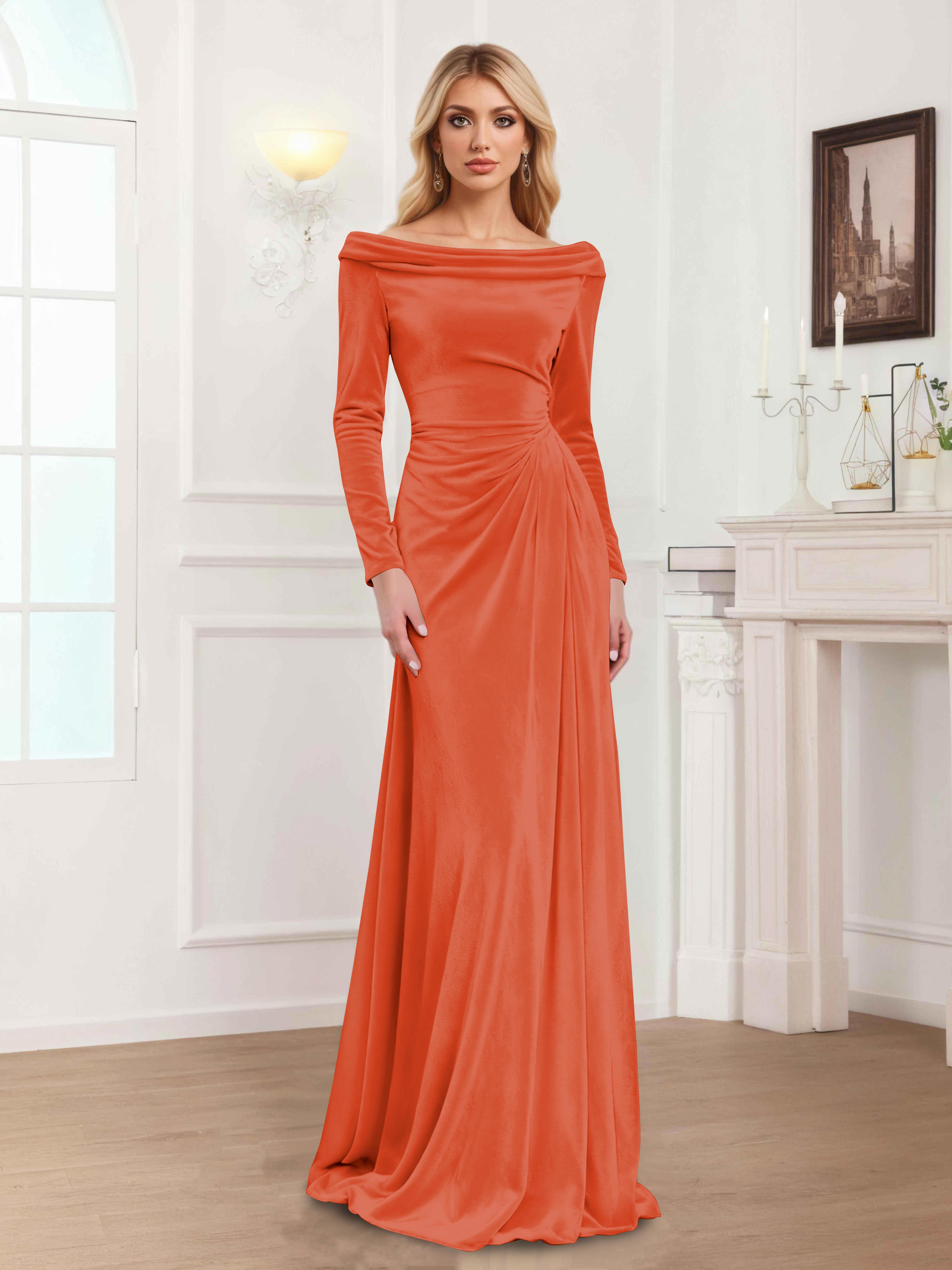 Zanna Modern Long Sleeves Ruched Long Velvet Mother Of The Bride Dresses