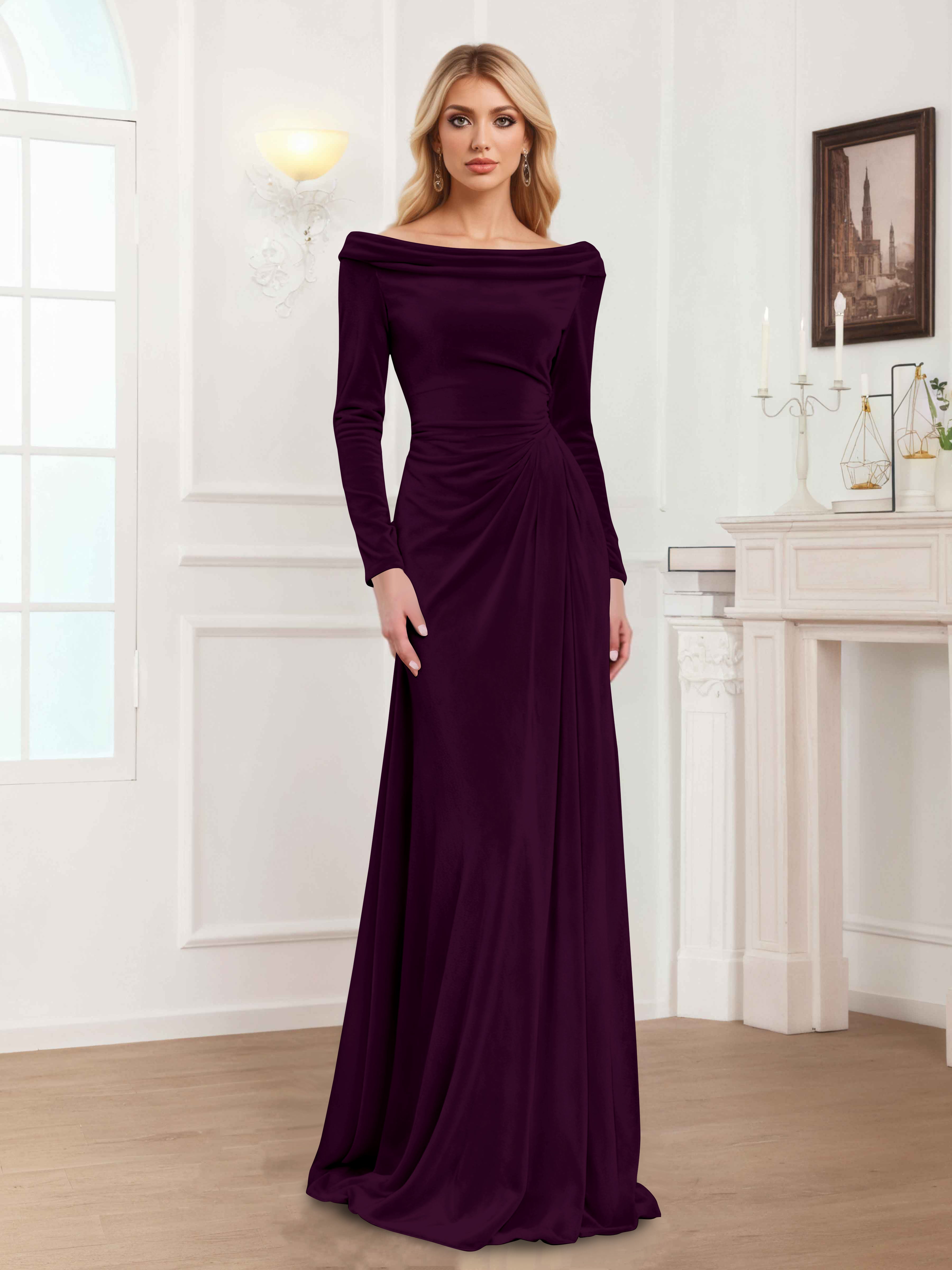 Zanna Modern Long Sleeves Ruched Long Velvet Mother Of The Bride Dresses