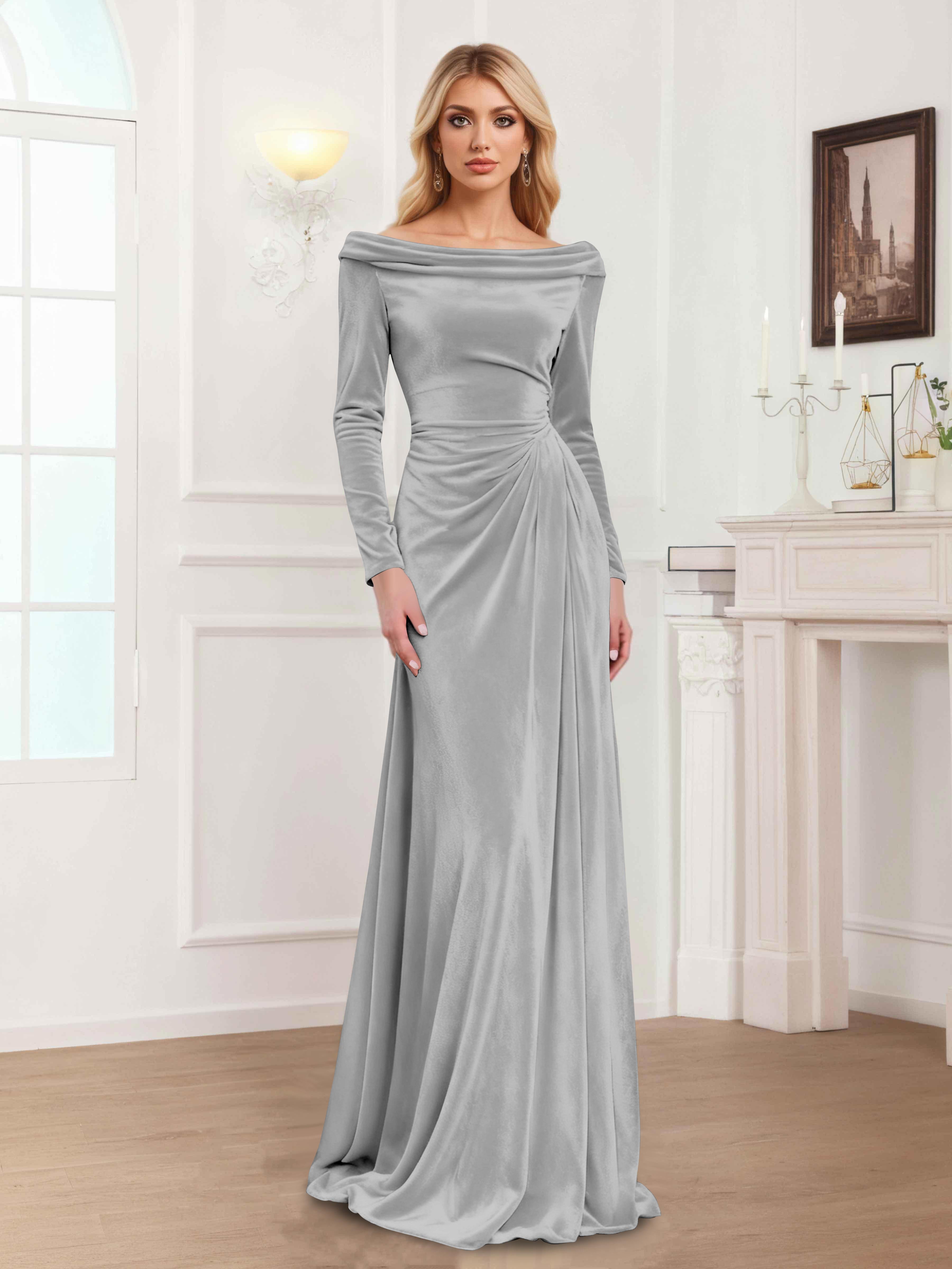 Zanna Modern Long Sleeves Ruched Long Velvet Mother Of The Bride Dresses