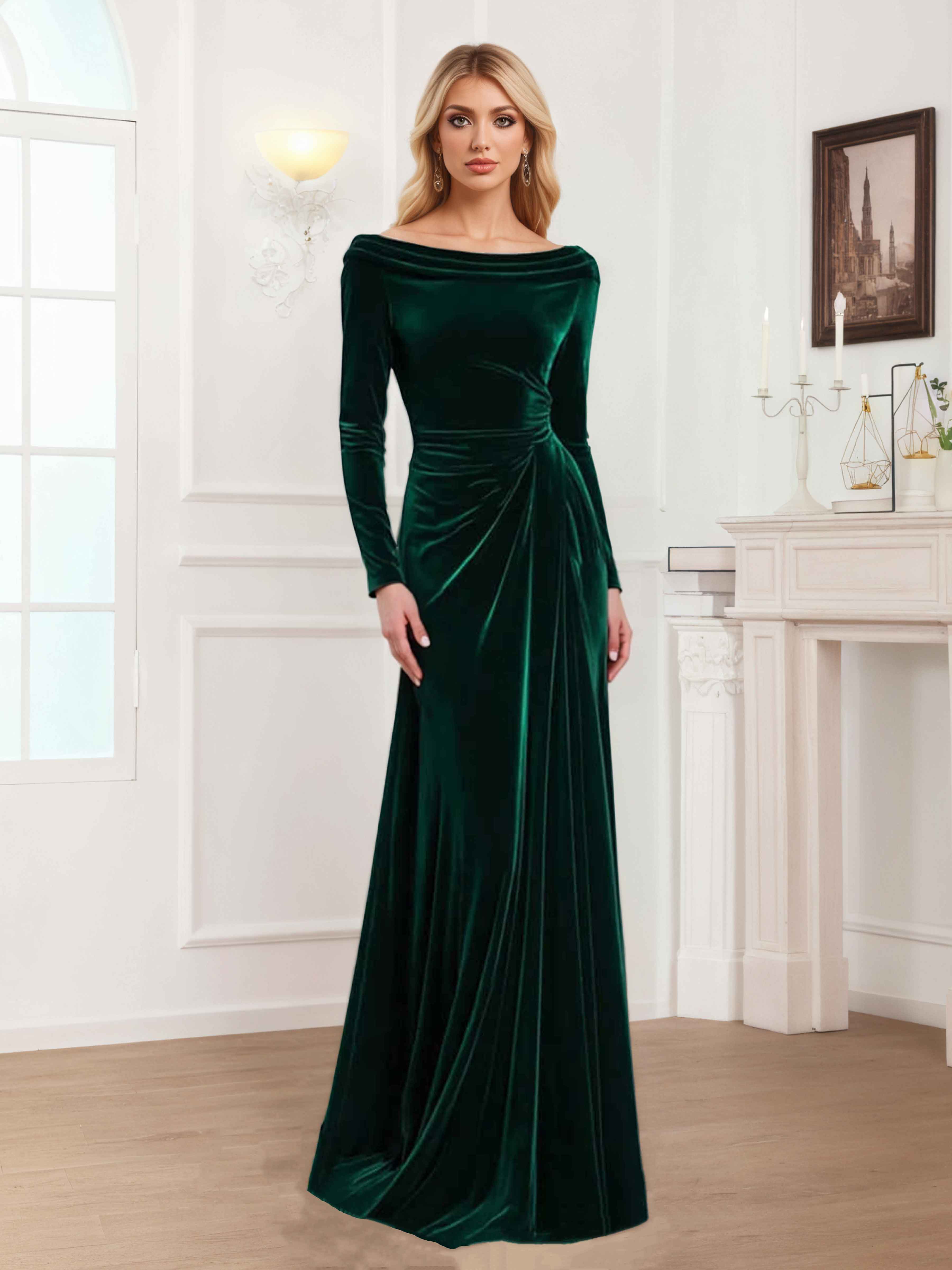 Zanna Modern Long Sleeves Ruched Long Velvet Mother Of The Bride Dresses
