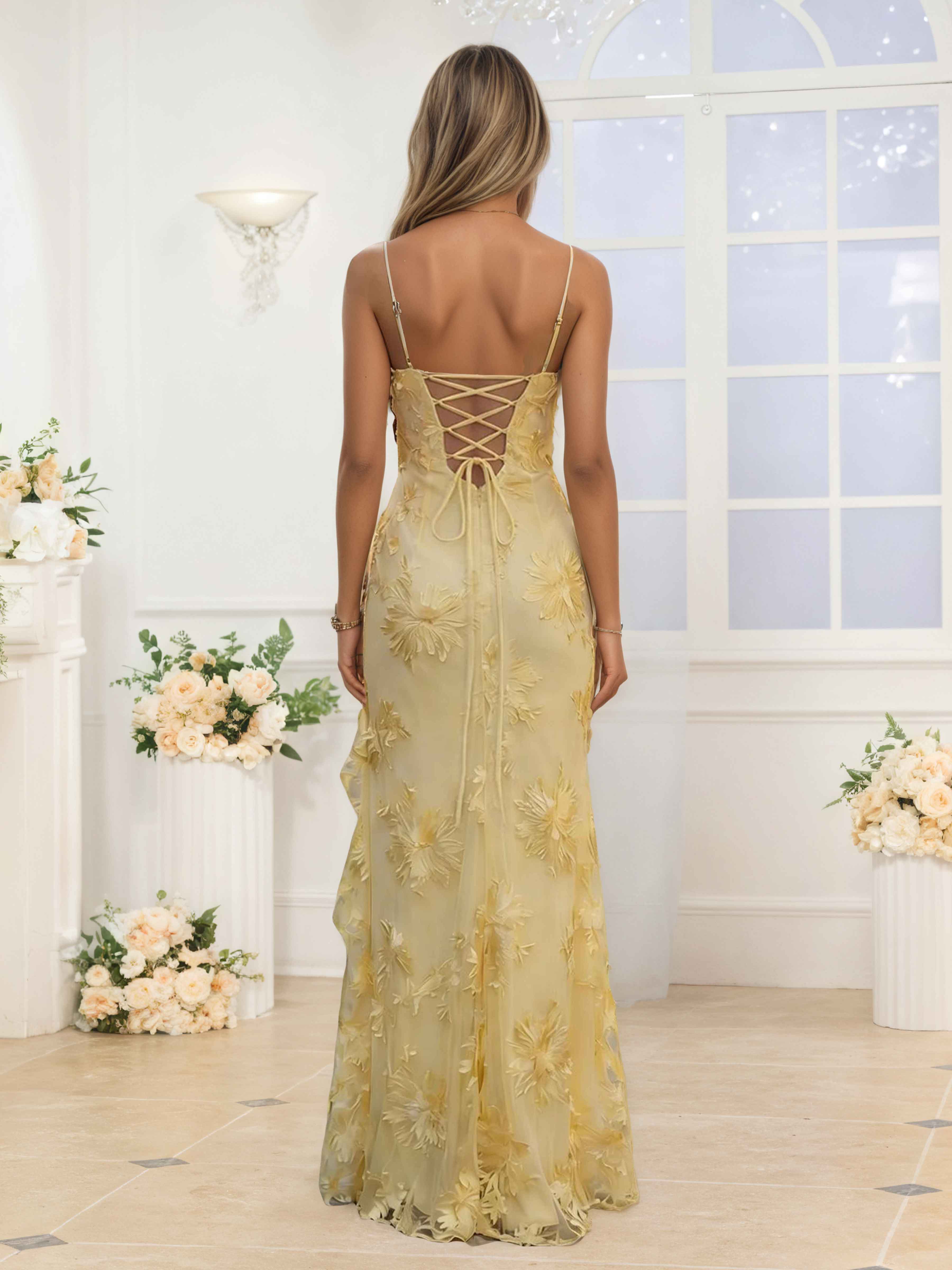 Saelithris Spaghetti Straps Floral Ribbon Ruffles Slit Long Prom Dresses