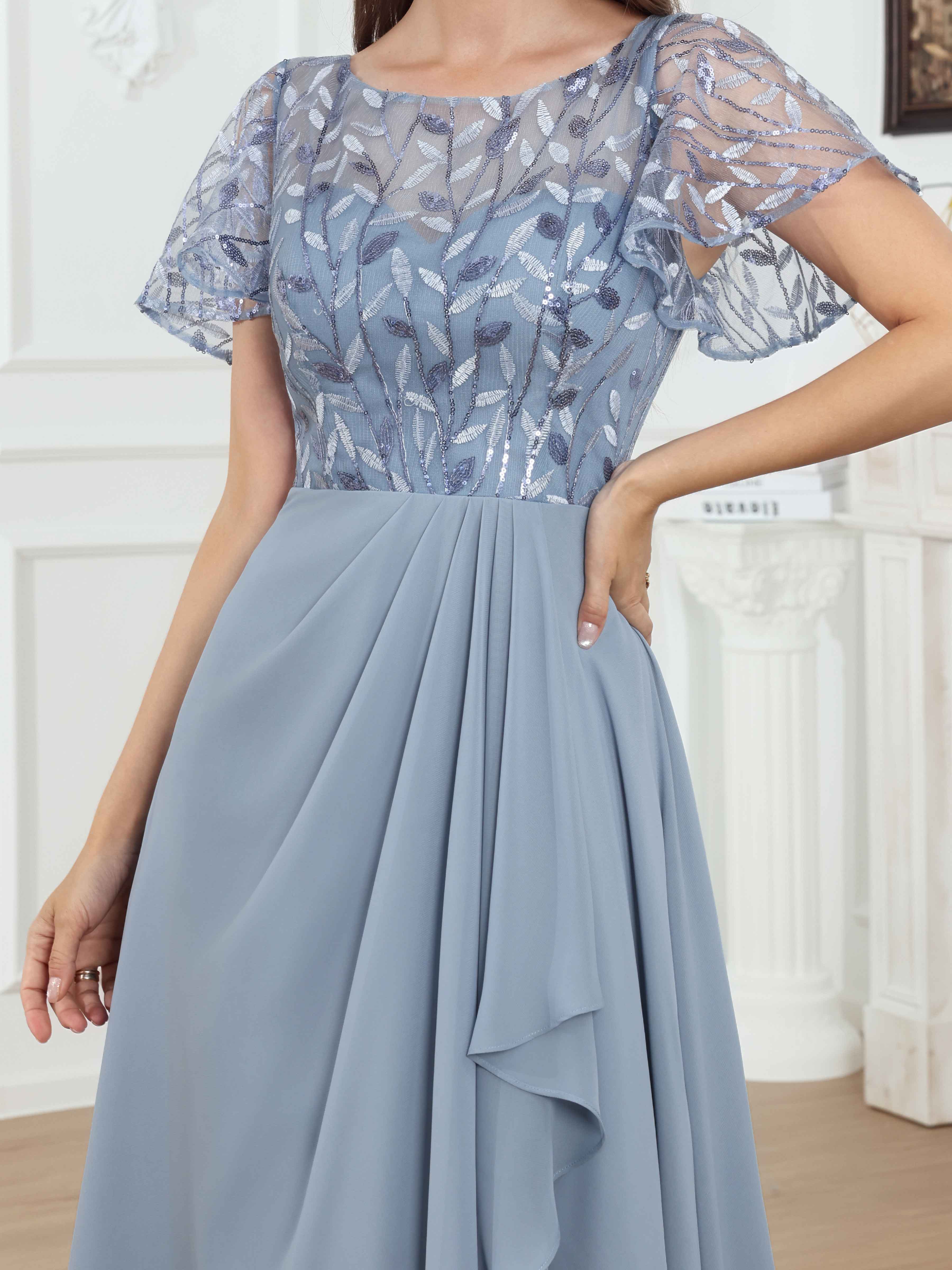 Gretchen Illusion Short Sleeves Long Sequins Chiffon Mother of The Bride Dresses