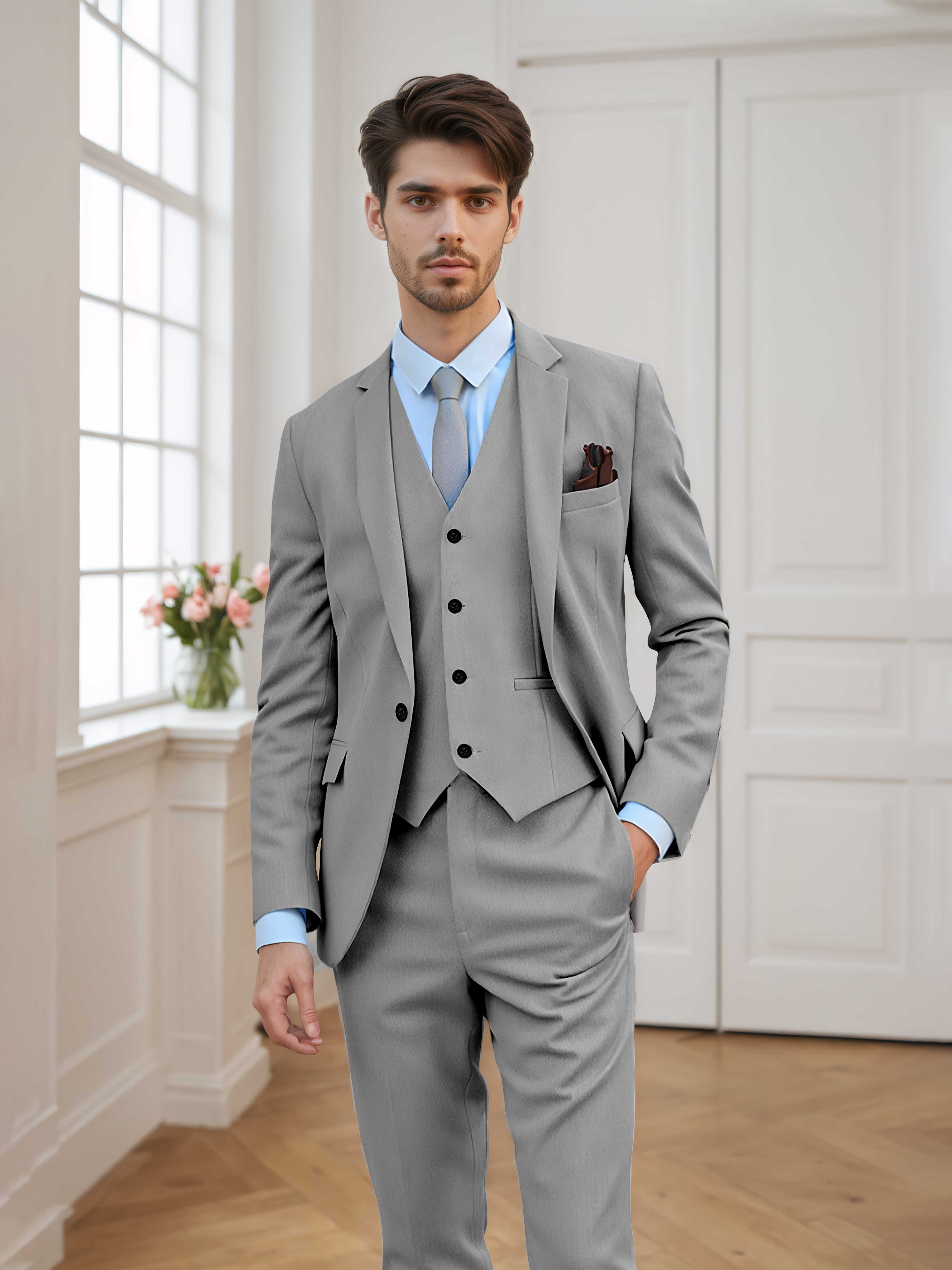 Men's Tailored Fit One Button 3 Pieces Formal Suits