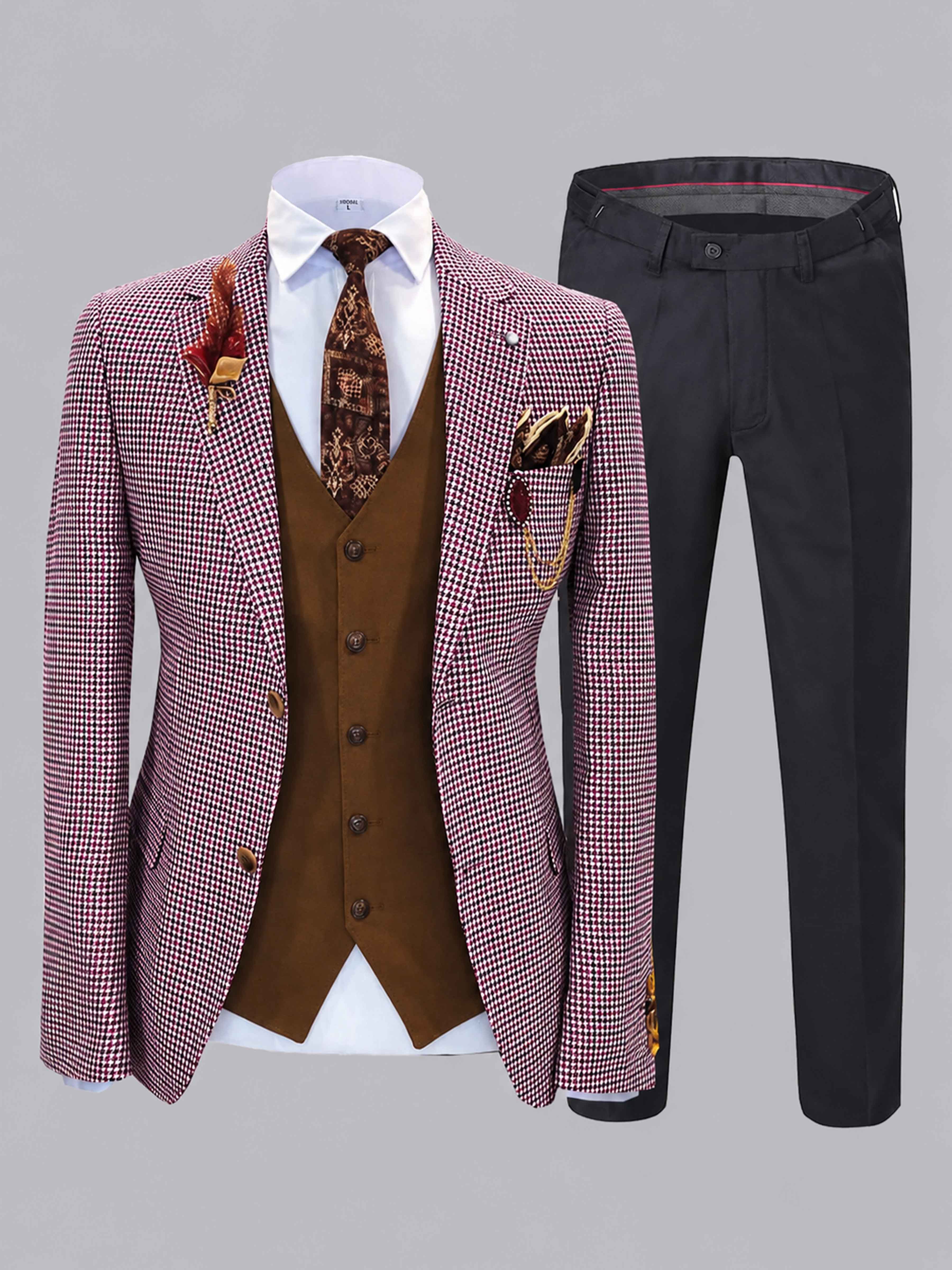 3 Pieces Men's Houndstooth Notch Lapel Two Buttons Suit
