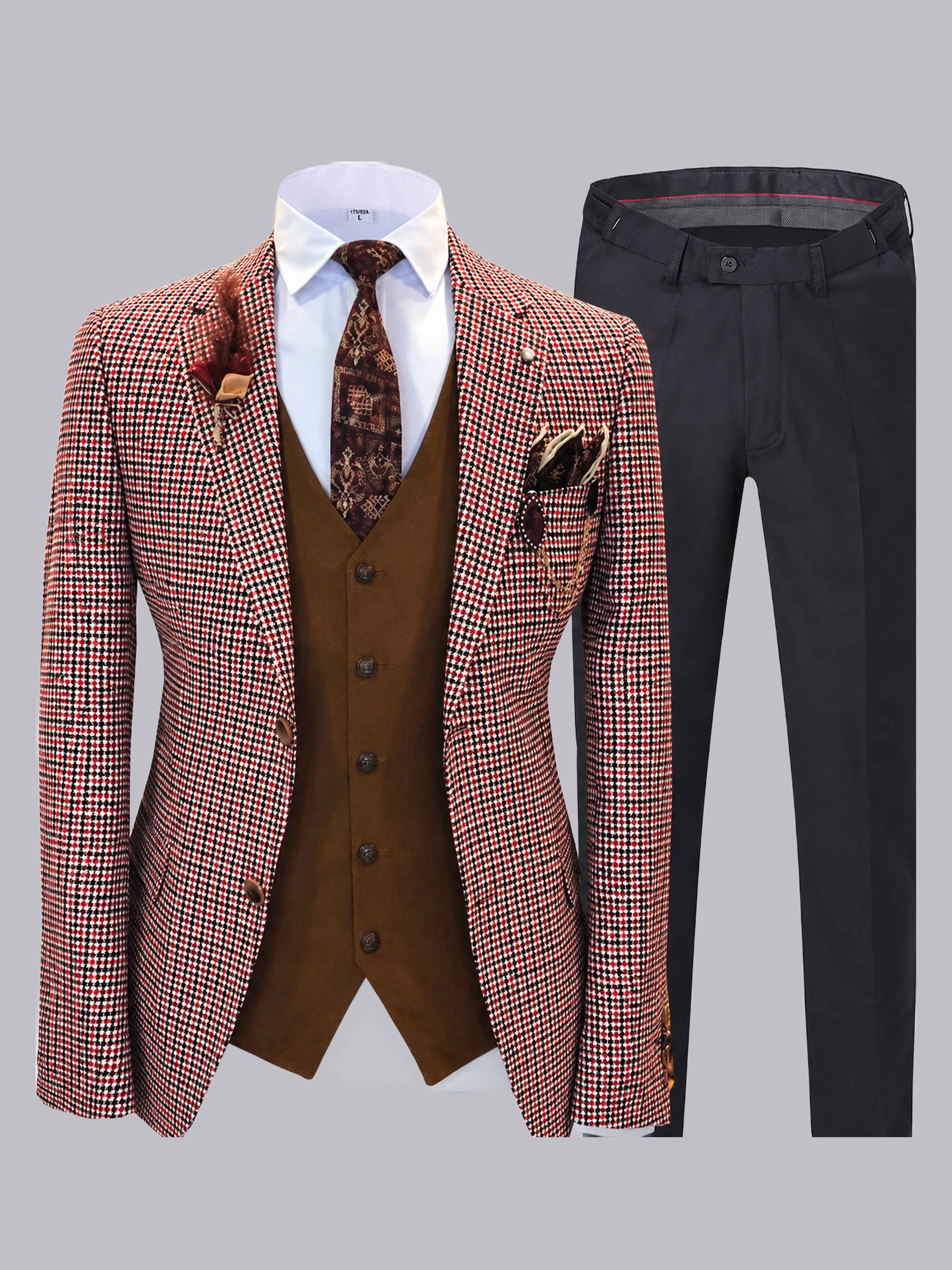 3 Pieces Men's Houndstooth Notch Lapel Two Buttons Suit