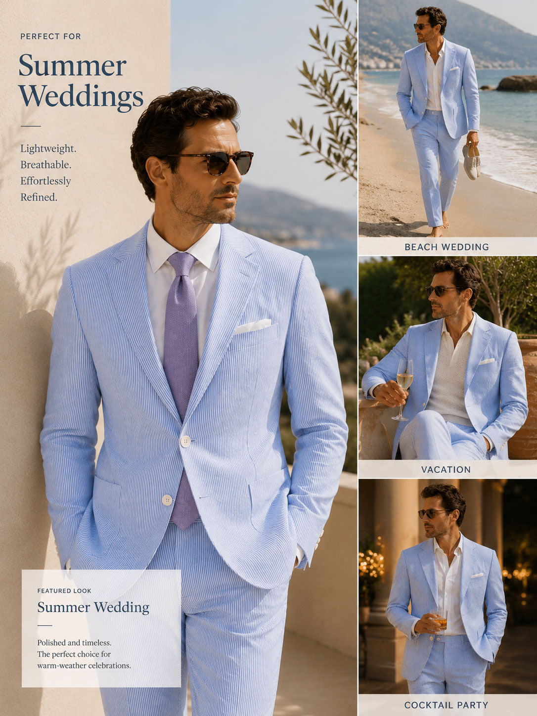 Casual 2 Pieces Men's Regular Fit Striped Seersucker Suit
