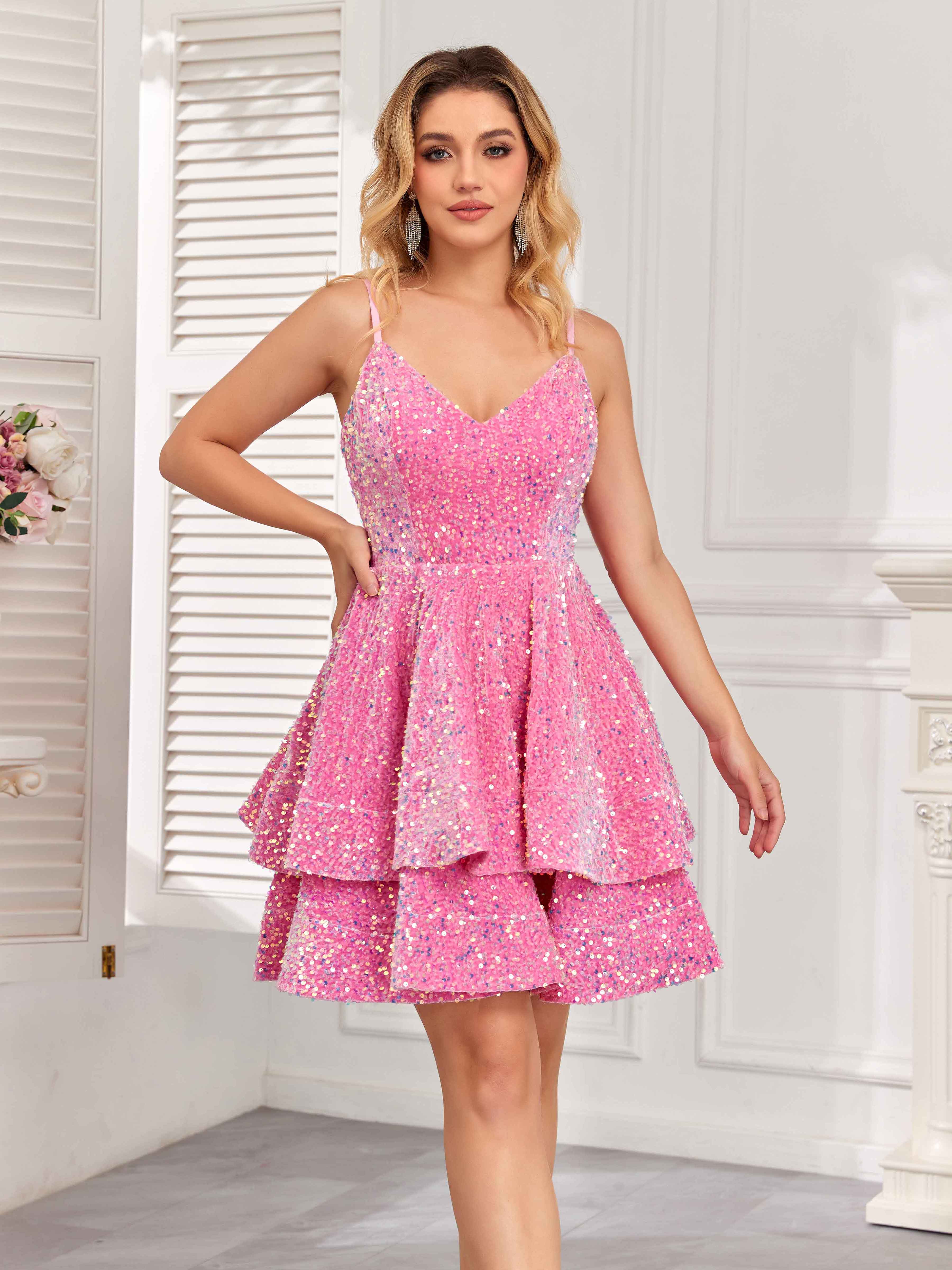 Serena Lovely A-Line V Neck Tiered Sequin Mini Homecoming Dresses, Burgundy Serena Lovely A-Line V Neck Tiered Sequin Mini Homecoming Dresses, Burgundy