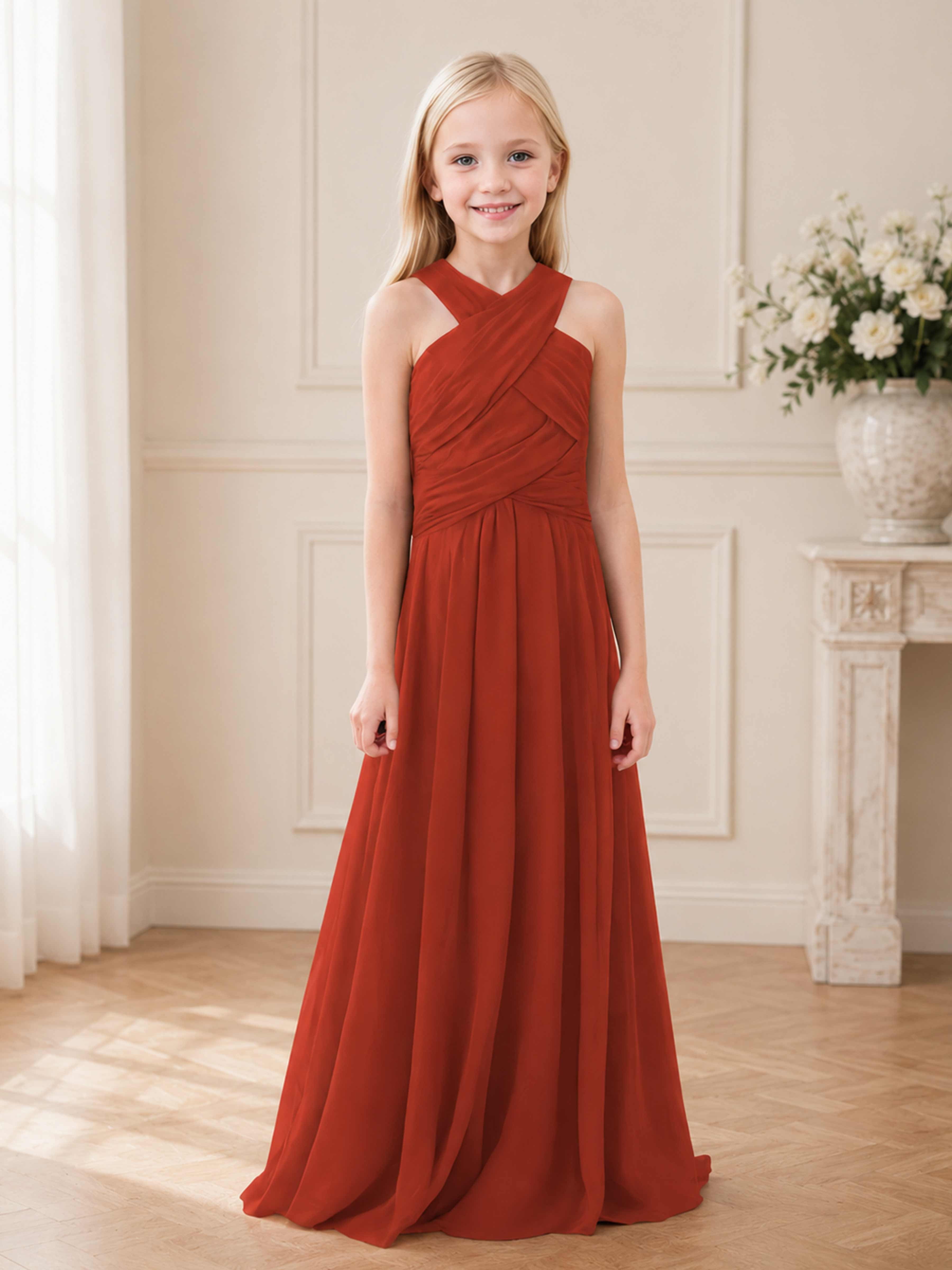 A-Line Halter Sleeveless Long Chiffon Junior Bridesmaid Dresses