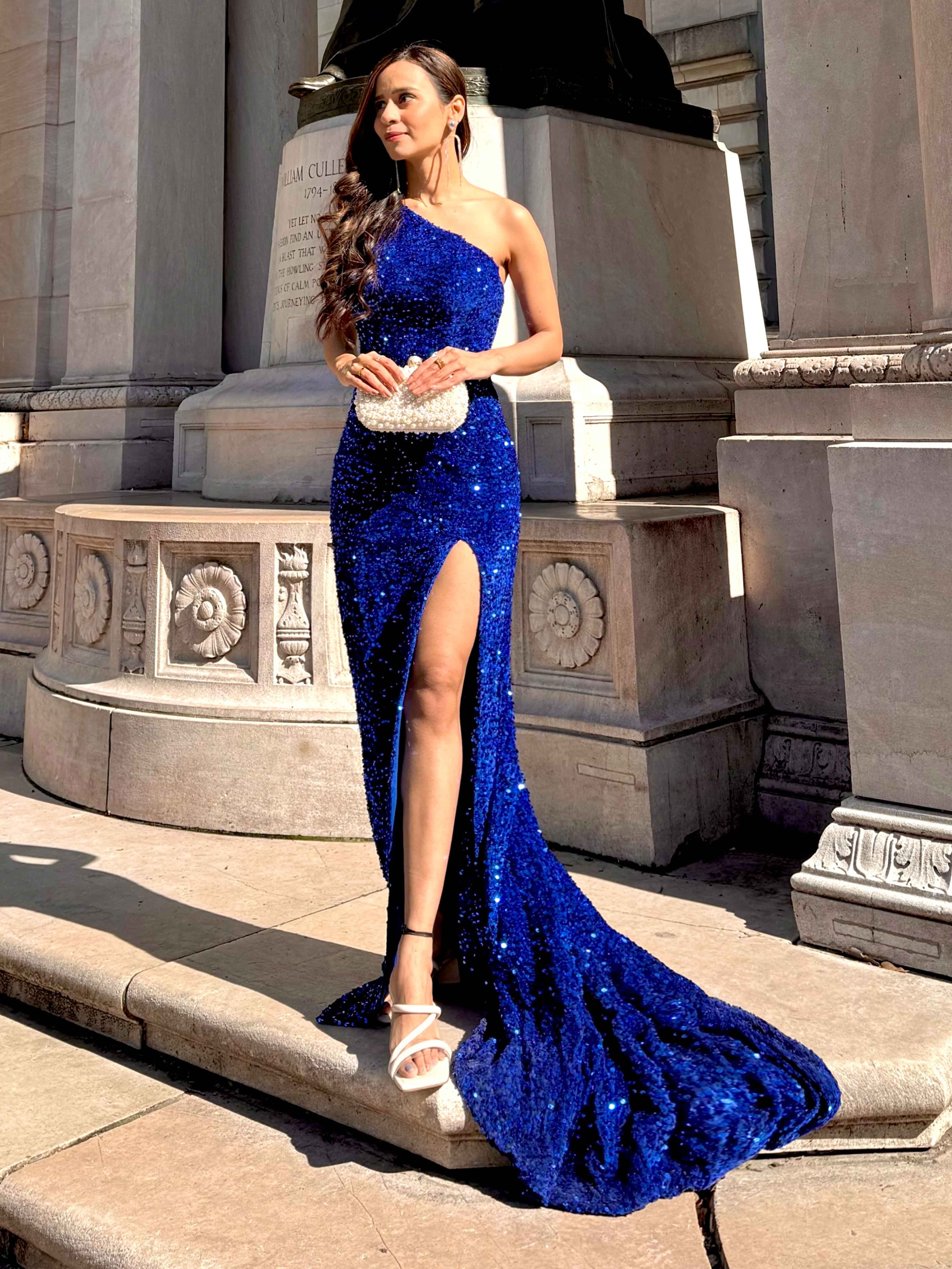 sequin dress with train Silver Beaded Royal Blue Court Train Mermaid Sequin Long Prom Dresses