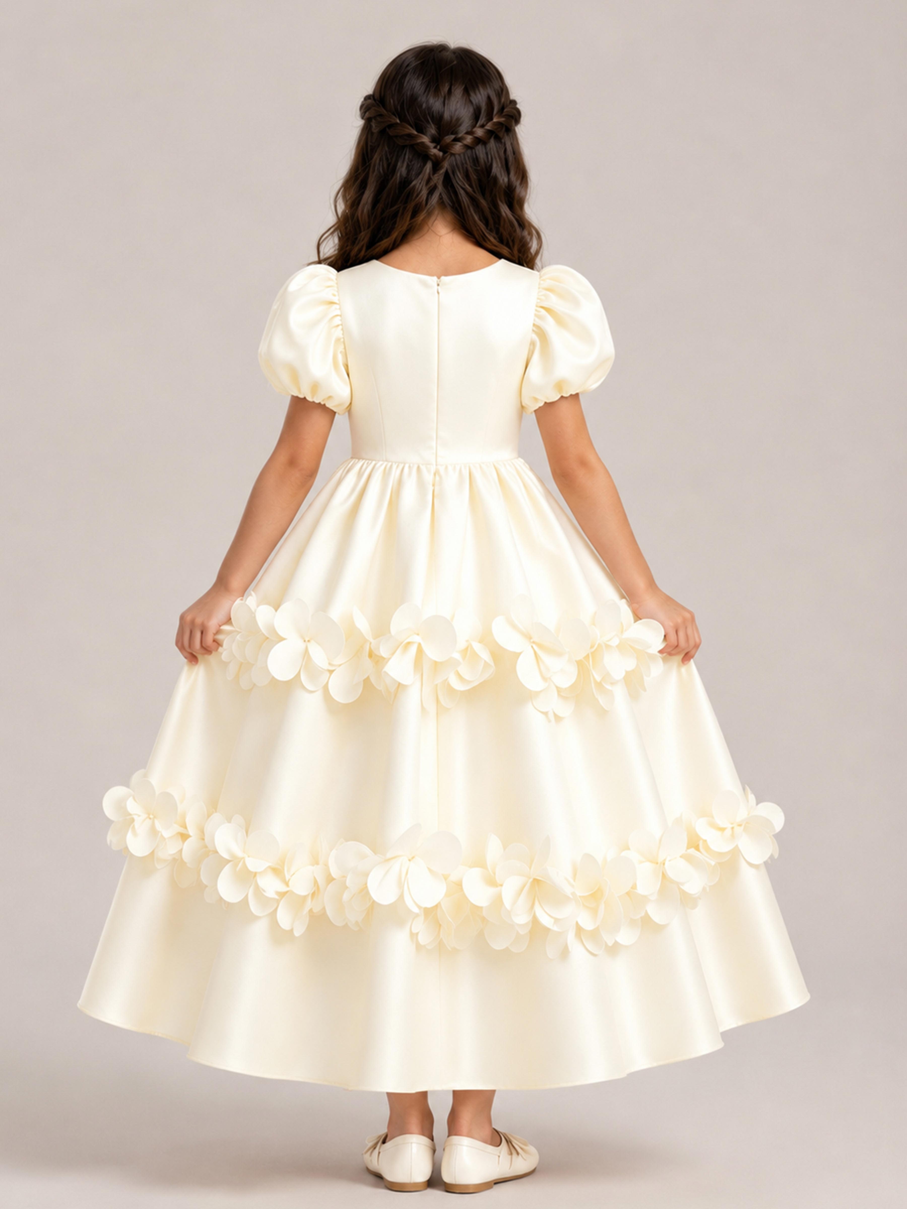 Lovely A-Line Puff Sleeve Floral Satin Flower Girl Dresses