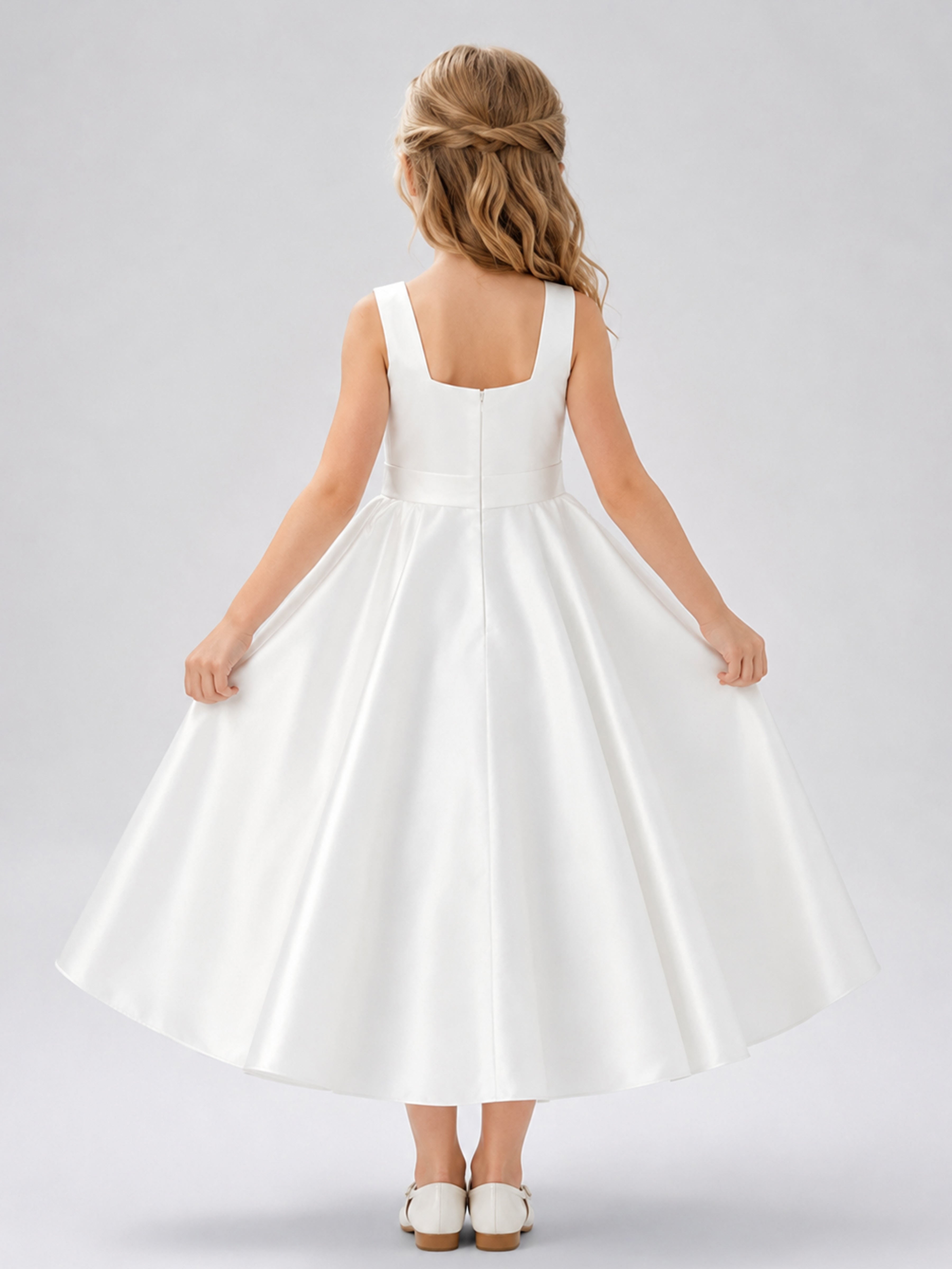 Elegant A-Line Square Neck Bow Satin Girl Dresses
