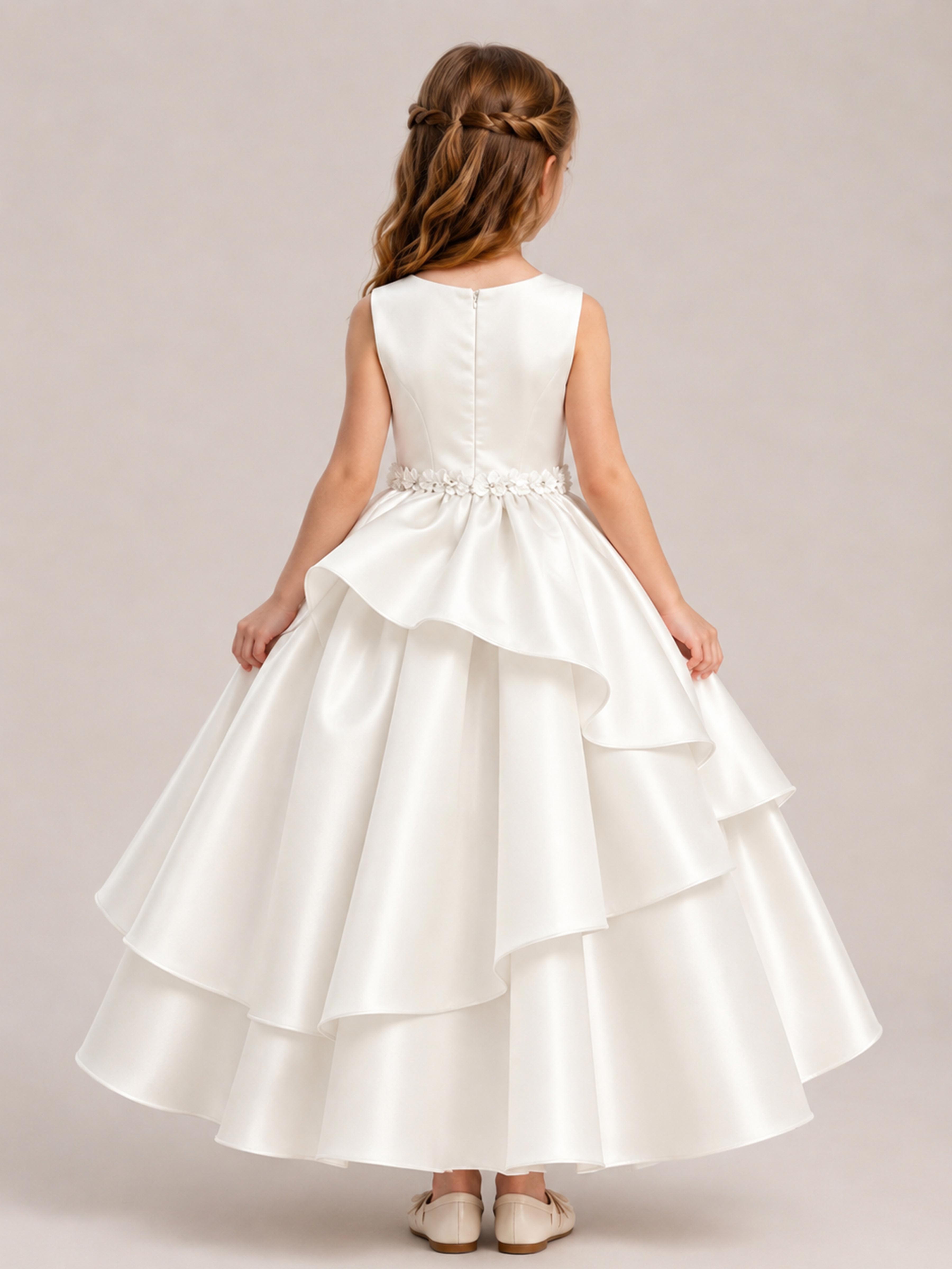Elegant A-Line Sleeveless Tiered Satin Flower Girl Dresses