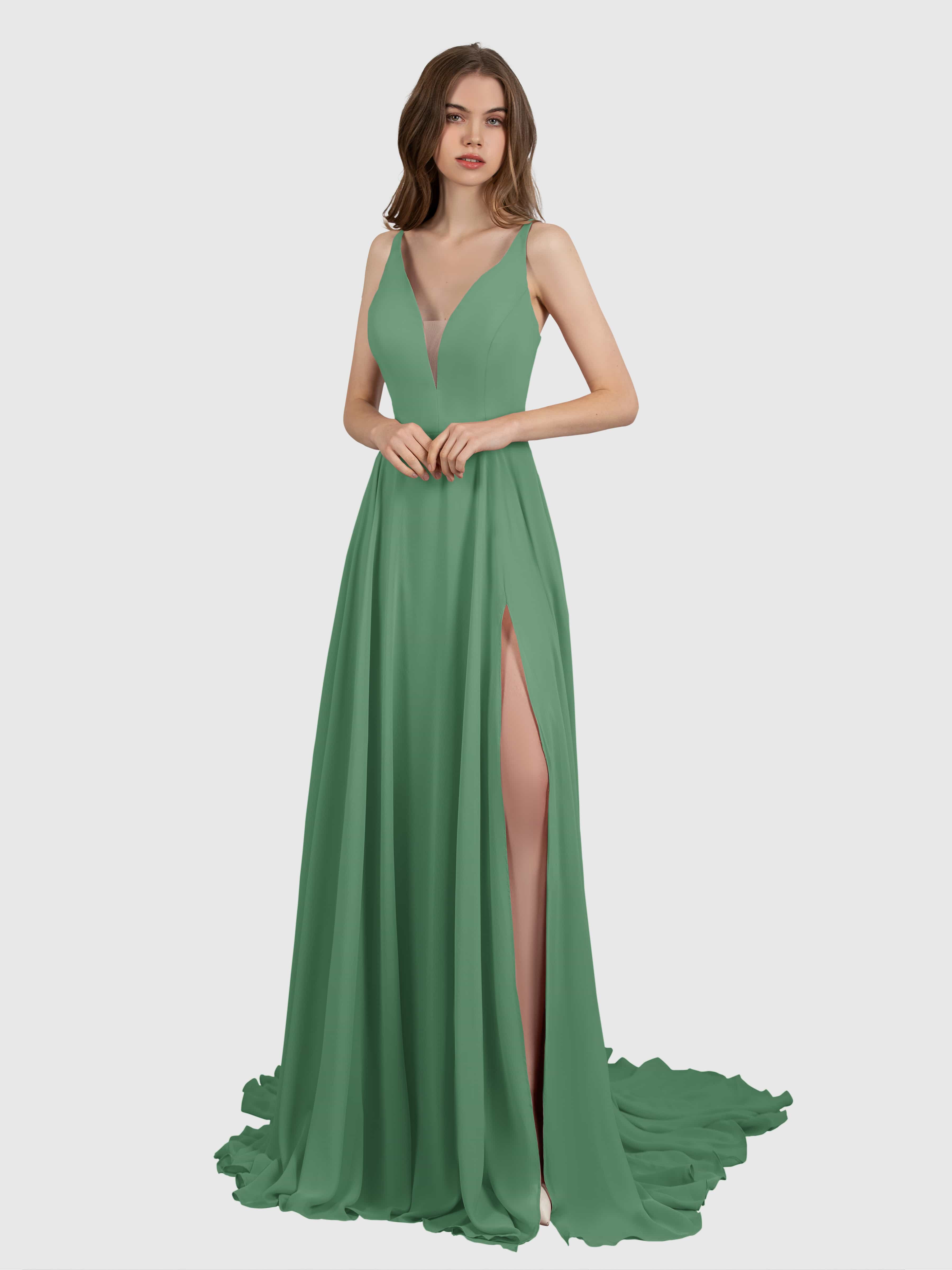 Abigail Gorgeous Deep V Neck Sweep Train Bridesmaid Dresses