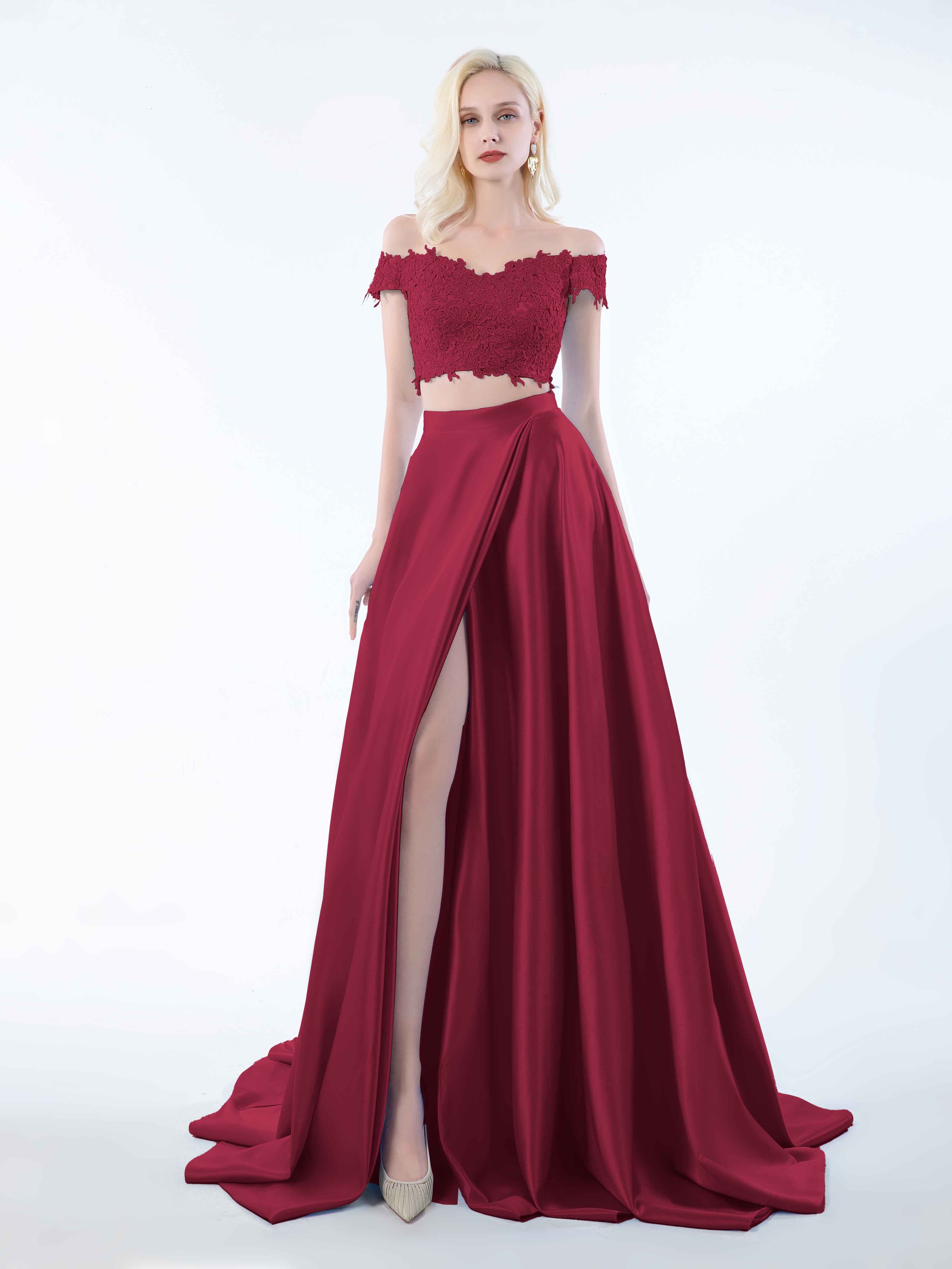 Anastasia Two Piece Off The Shoulder Lace Satin Dress with Slit, Burgundy Anastasia Two Piece Off The Shoulder Lace Satin Dress with Slit, Burgundy