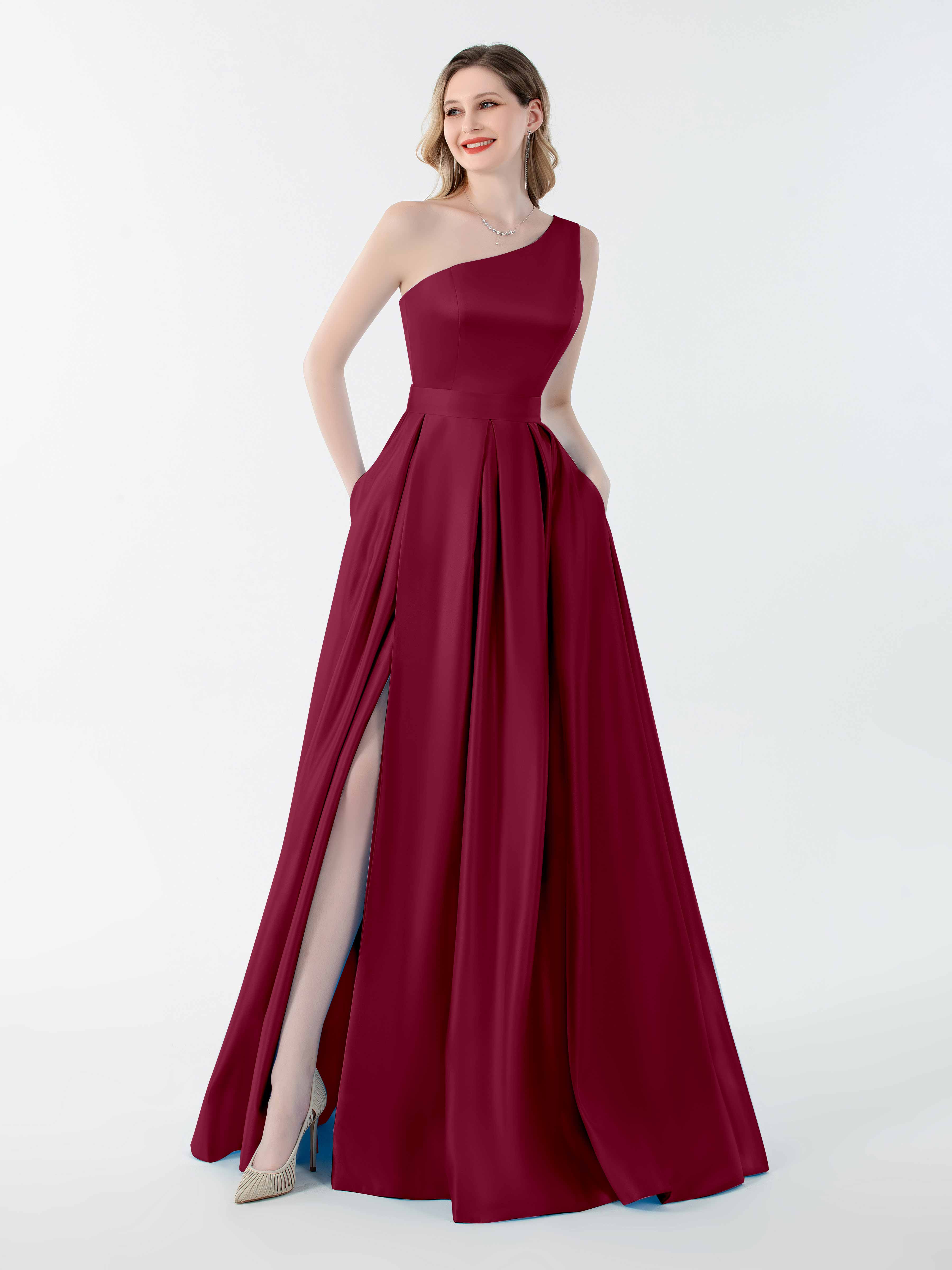 Aspen Charming One Shoulder Corset Back Slit Satin Dresses, Burgundy