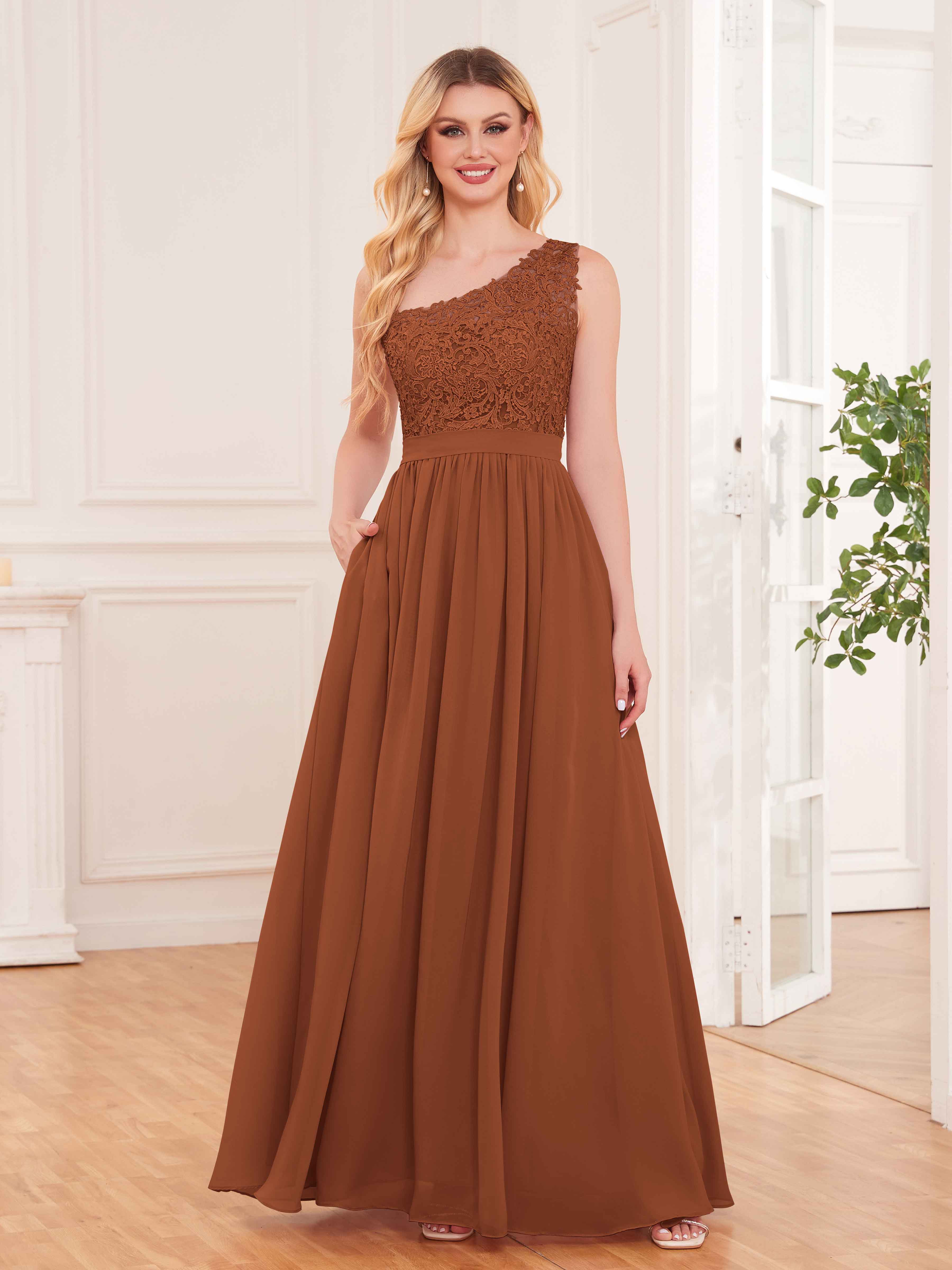 Daisy Charming A-Line One Shoulder Lace Maxi Bridesmaid Dresses