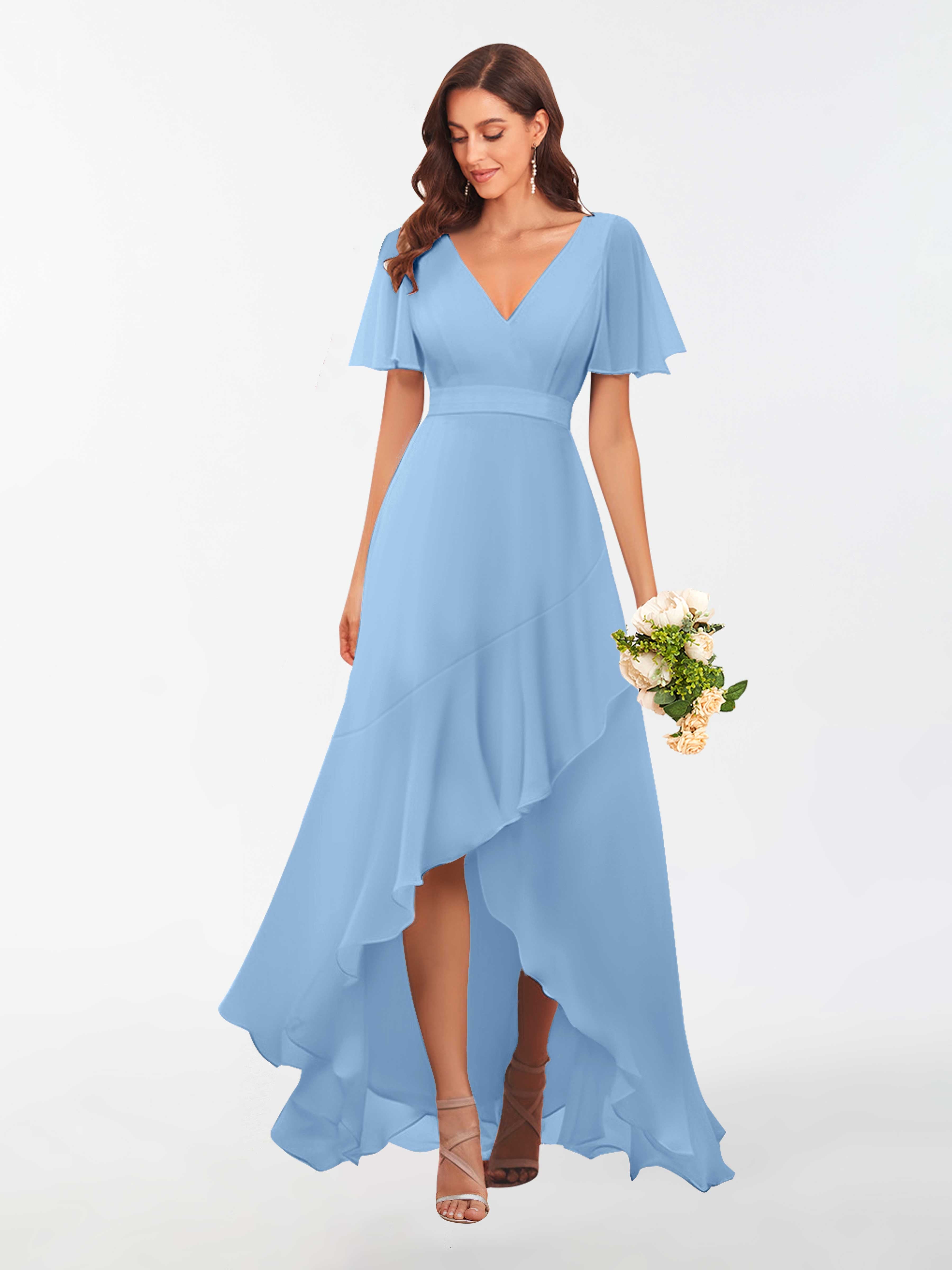 Diana Romantic A-Line V Neck High Low Chiffon Bridesmaid Dresses, Light Blue Diana Romantic A-Line V Neck High Low Chiffon Bridesmaid Dresses, Light Blue