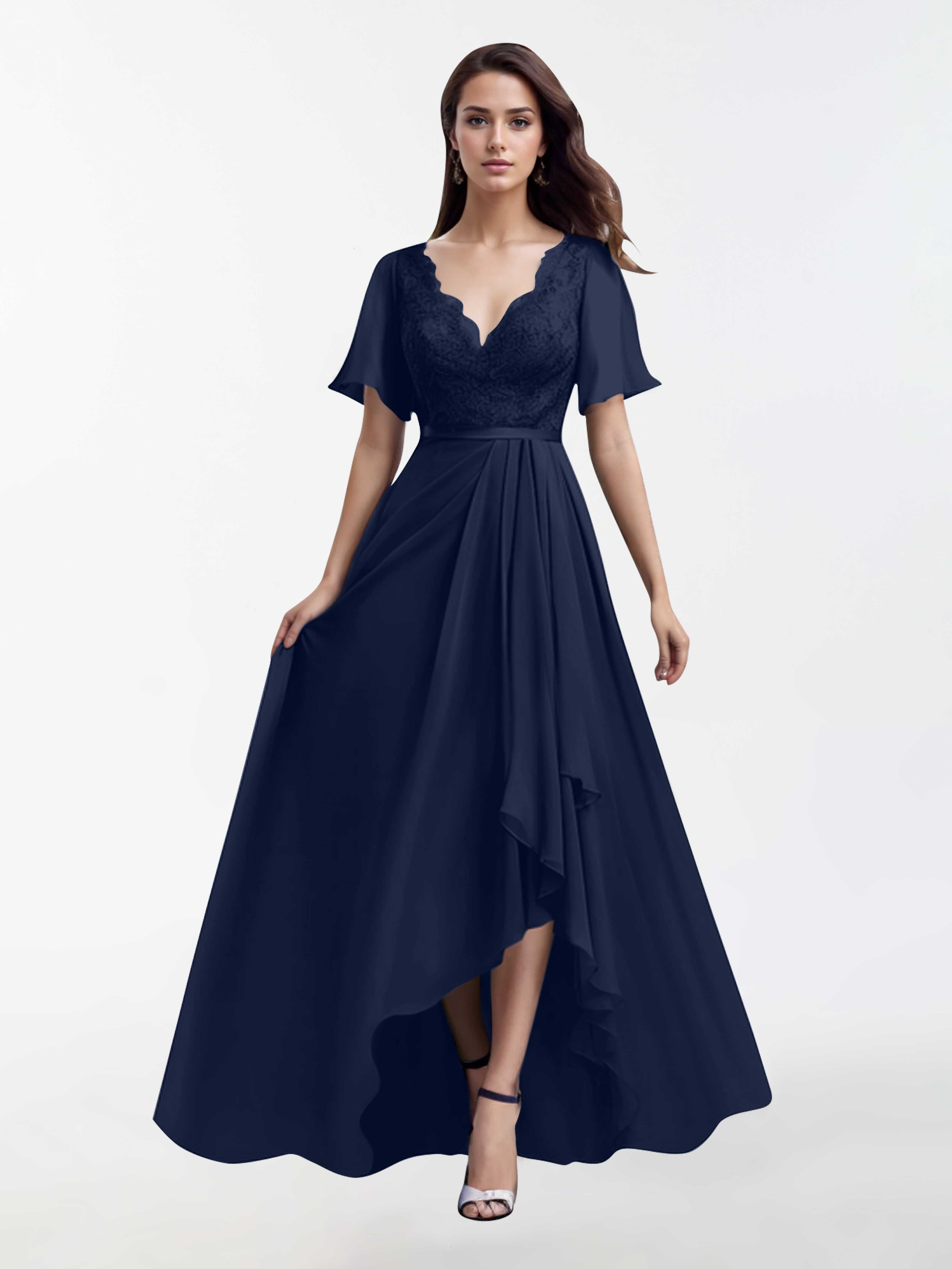 high low navy blue bridesmaid dresses Azazie Brooke Dark Navy Chiffon Bridesmaid Dresses