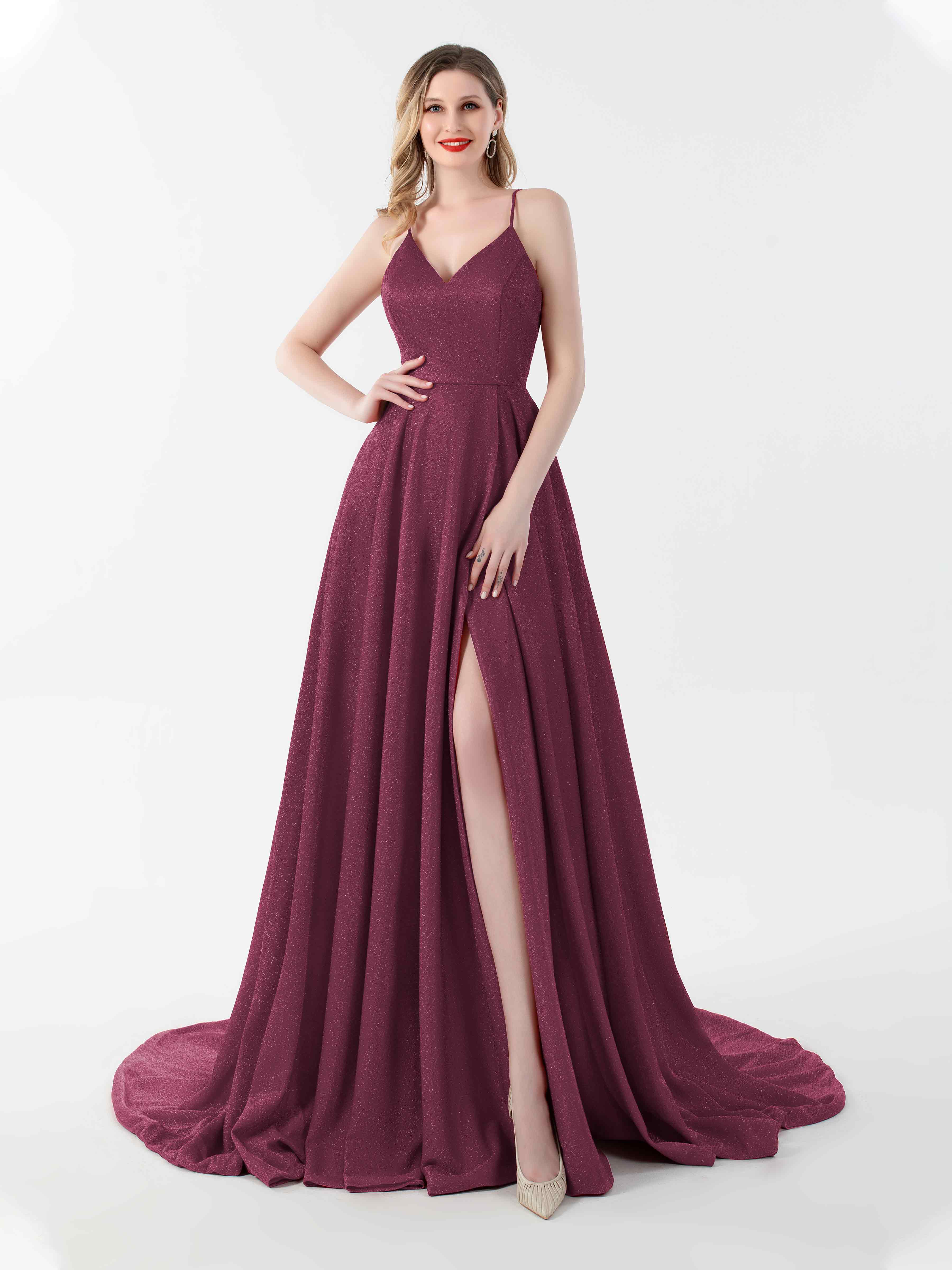 Finley Stylish A-Line Sleeveless Floor Length Glitter Formal Dresses
