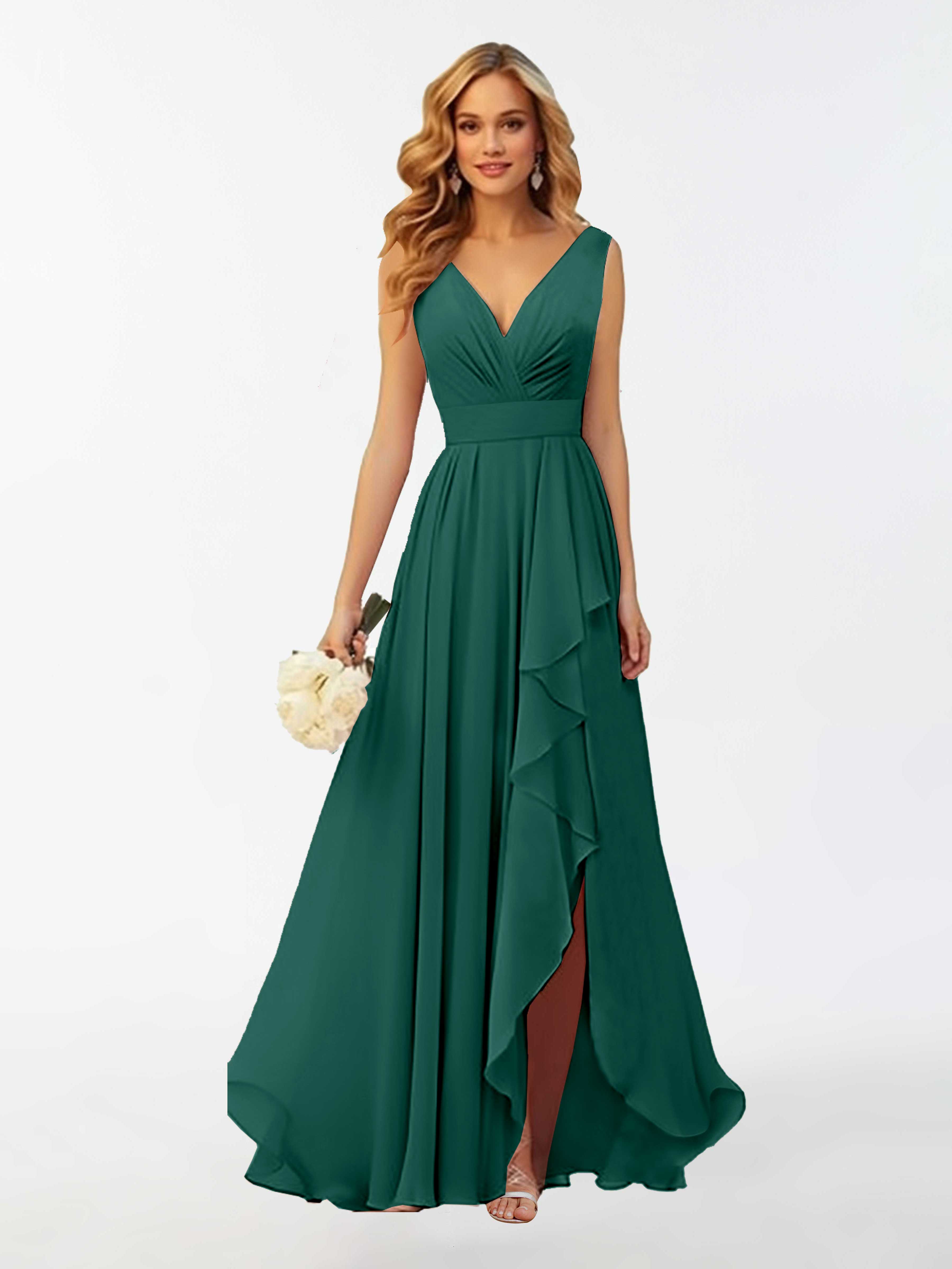Kamila Elegant V Neck Ruffles Long Chiffon Bridesmaid Dresses, Teal Kamila Elegant V Neck Ruffles Long Chiffon Bridesmaid Dresses, Teal