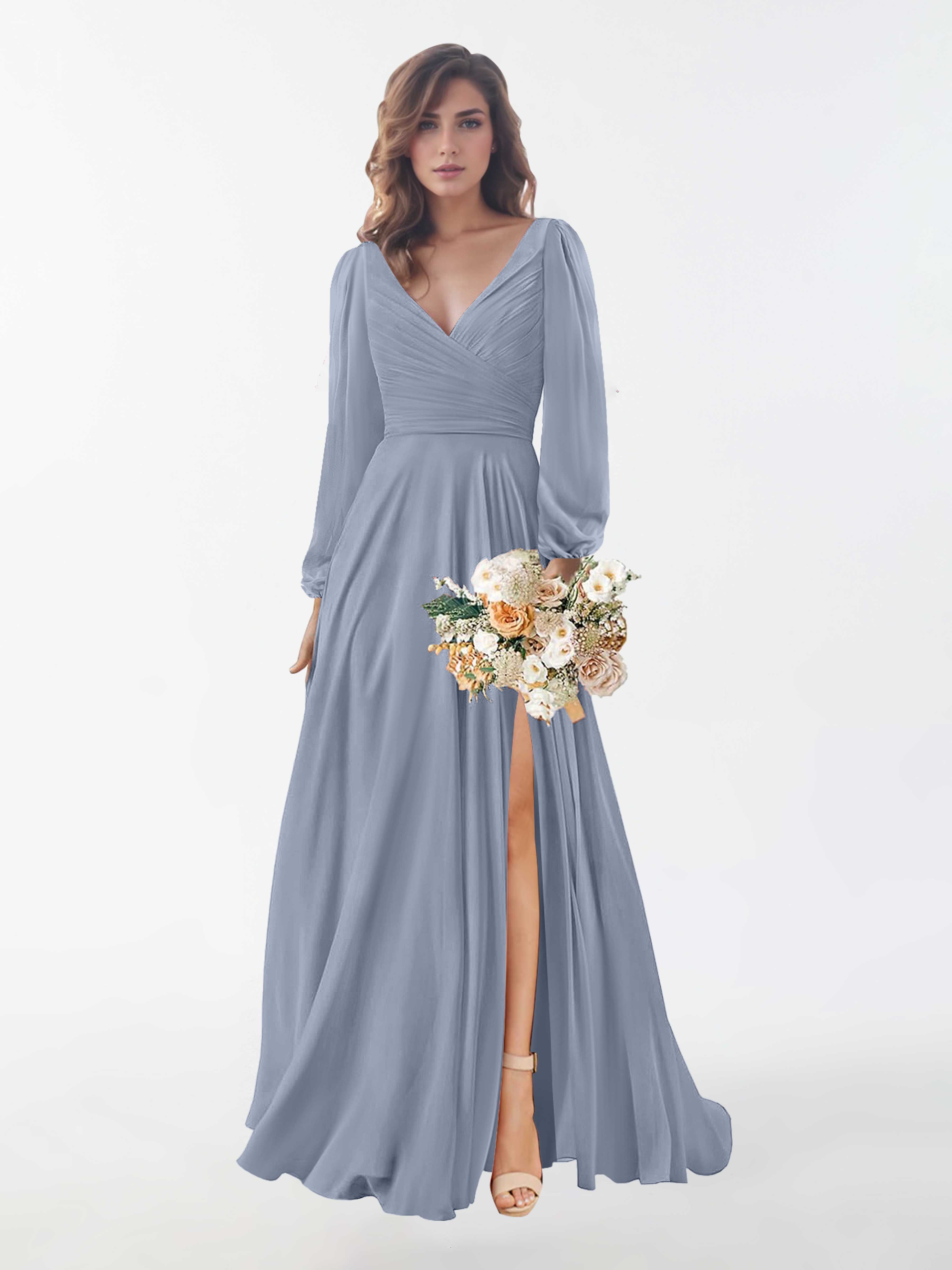 Lainey Modest Long Sleeves Pleated Slit Chiffon Bridesmaid Dresses, Dusty Blue Lainey Modest Long Sleeves Pleated Slit Chiffon Bridesmaid Dresses, Dusty Blue