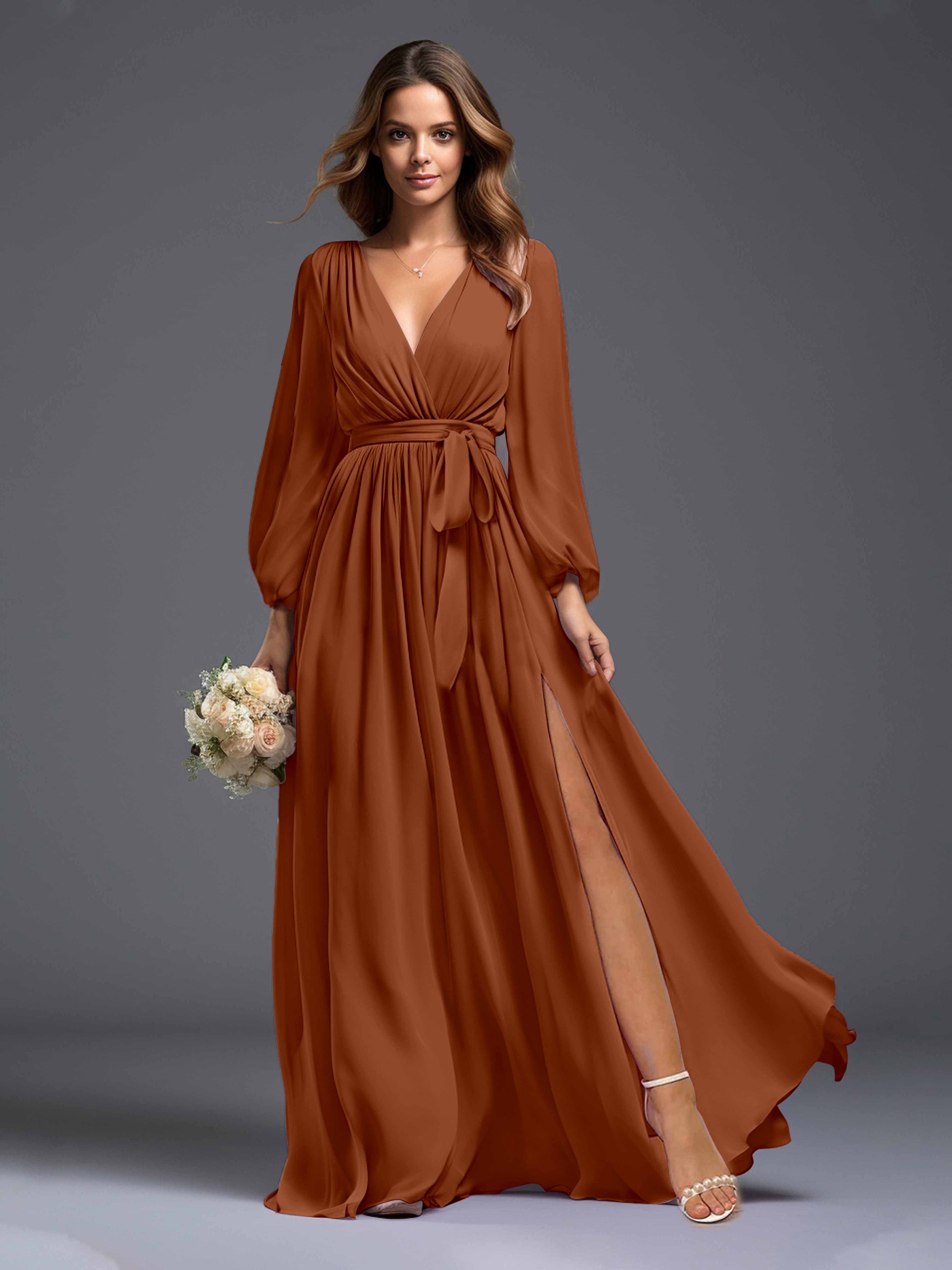 Leila Charming Long Sleeves Slit Chiffon Dresses, Cinnamon Rose Leila Charming Long Sleeves Slit Chiffon Dresses, Cinnamon Rose