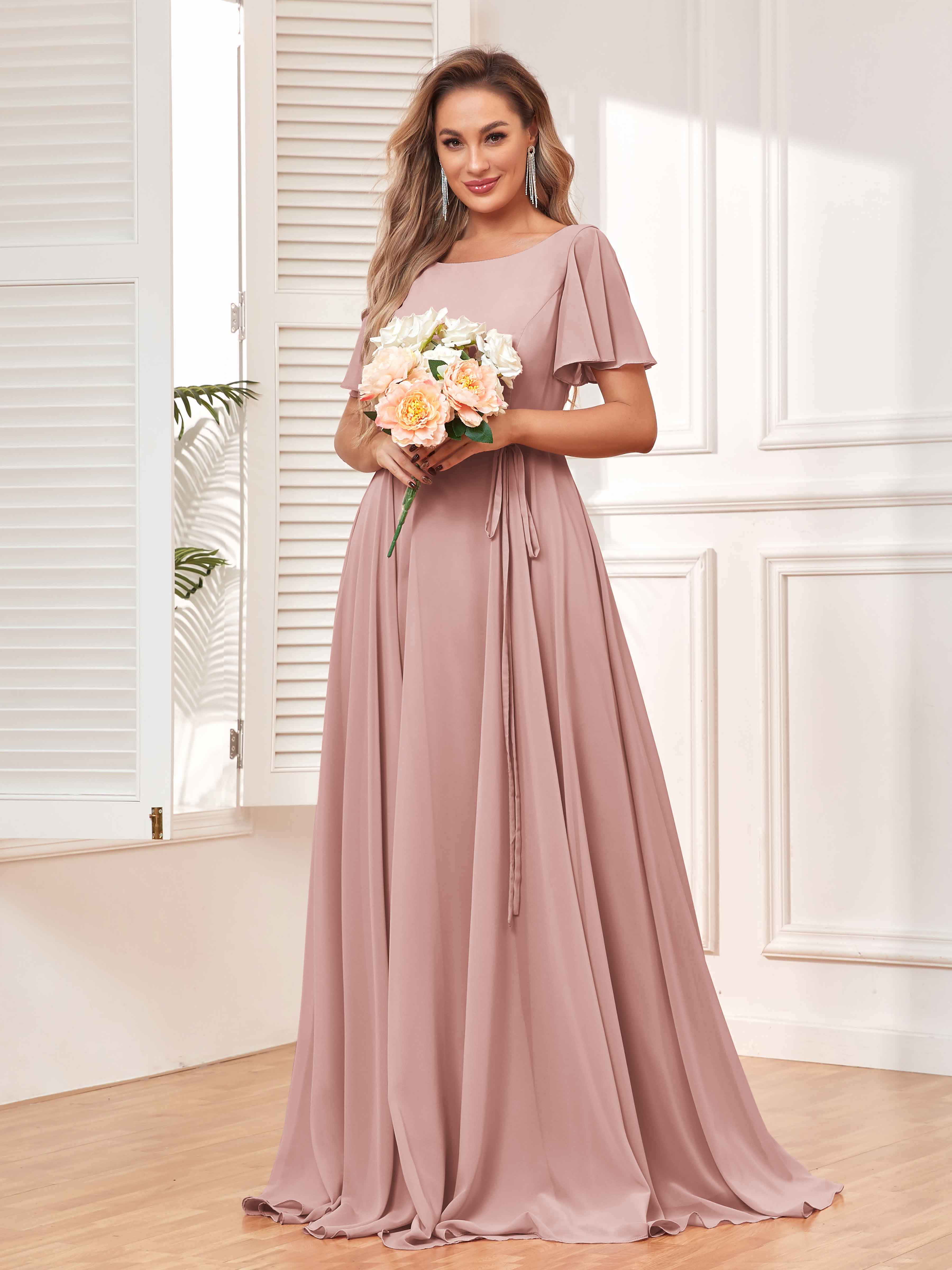 Madeline Elegant Scoop Floor Length Bridesmaid Dresses, Dusty Rose Madeline Elegant Scoop Floor Length Bridesmaid Dresses, Dusty Rose