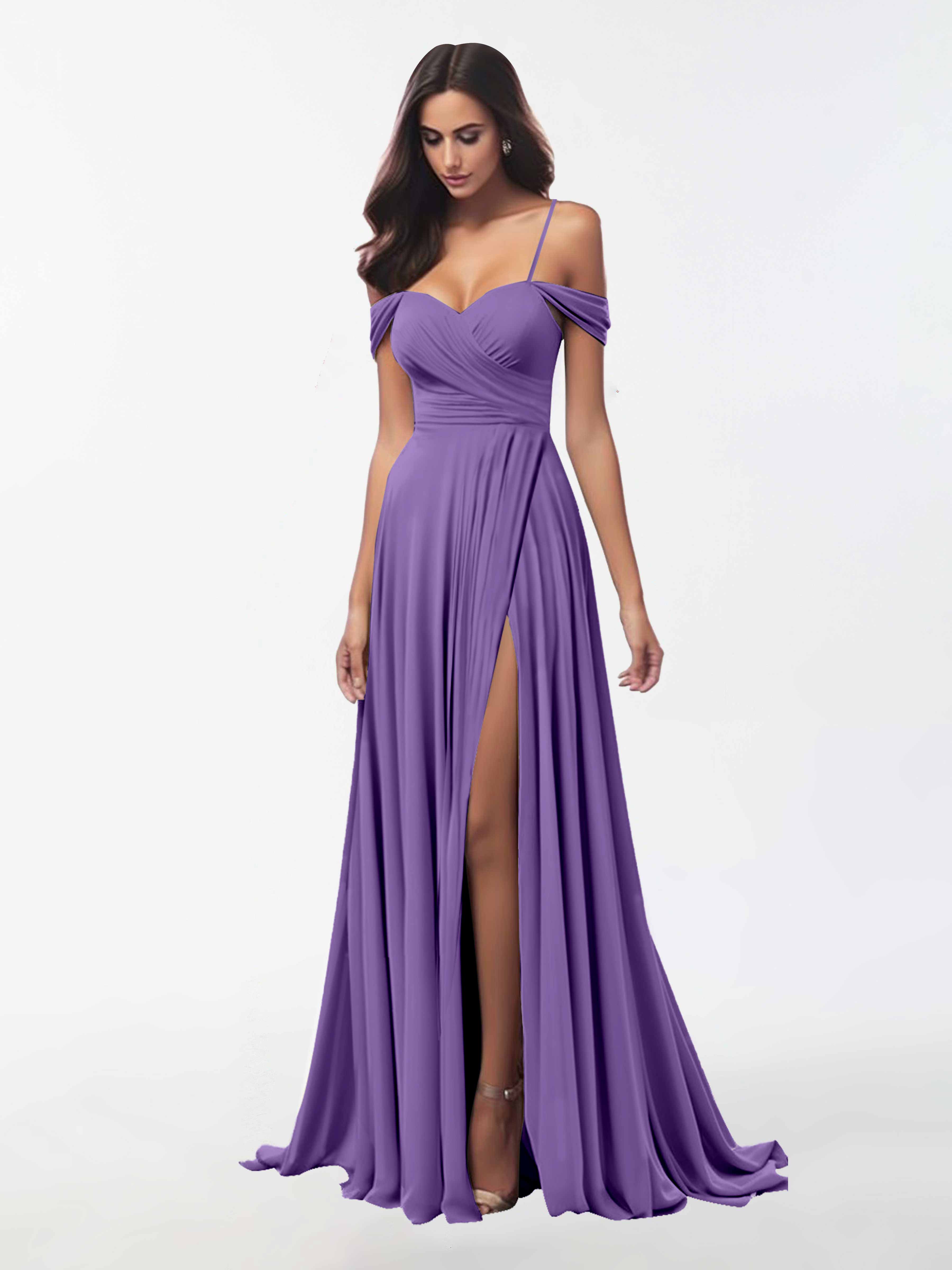 Myla Stylish Off the Shoulder Slit Long Satin Bridesmaid Dresses, Tahiti
