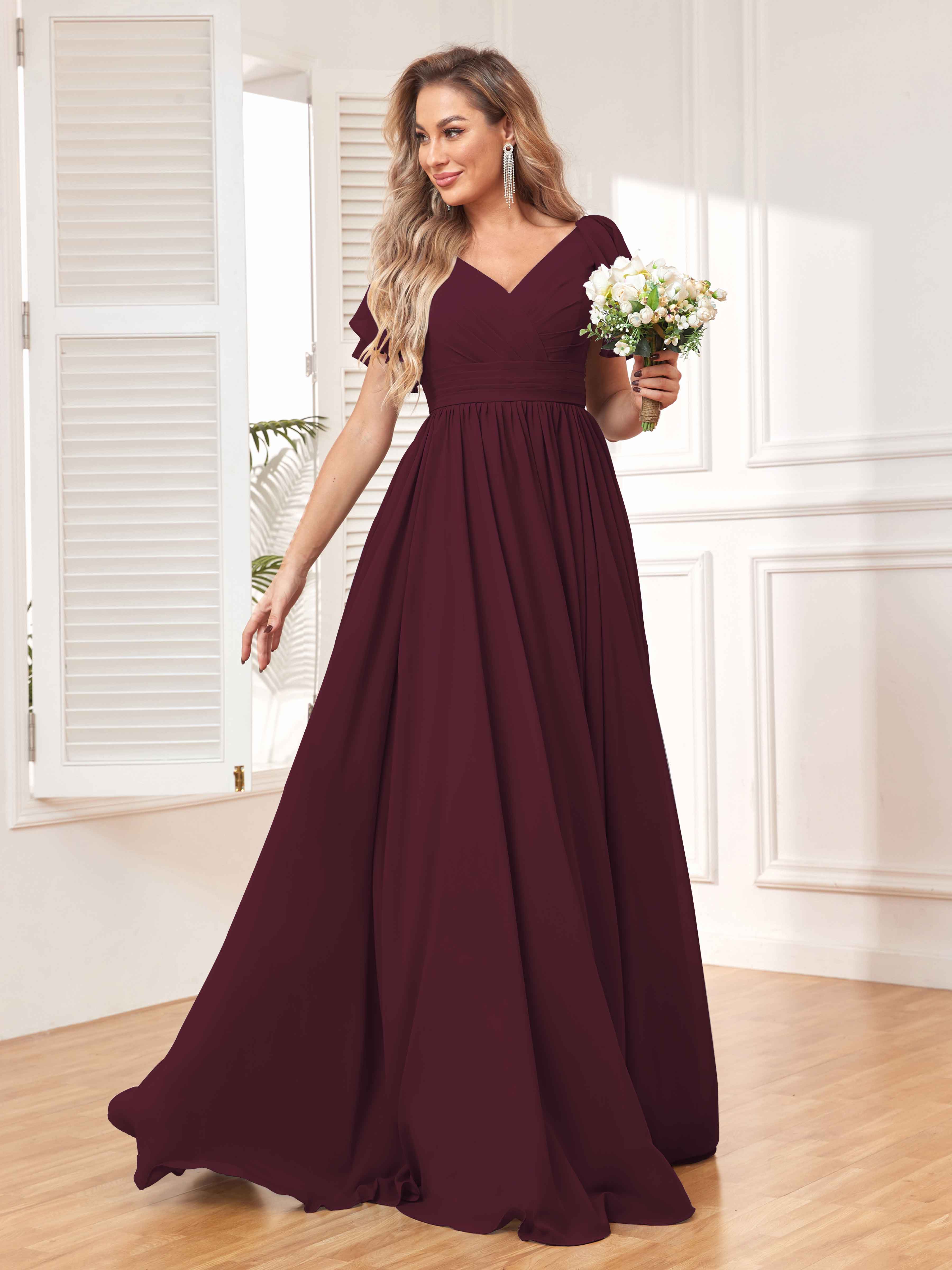 Natalie A-Line Short Sleeves Ruched Chiffon Bridesmaid Dresses