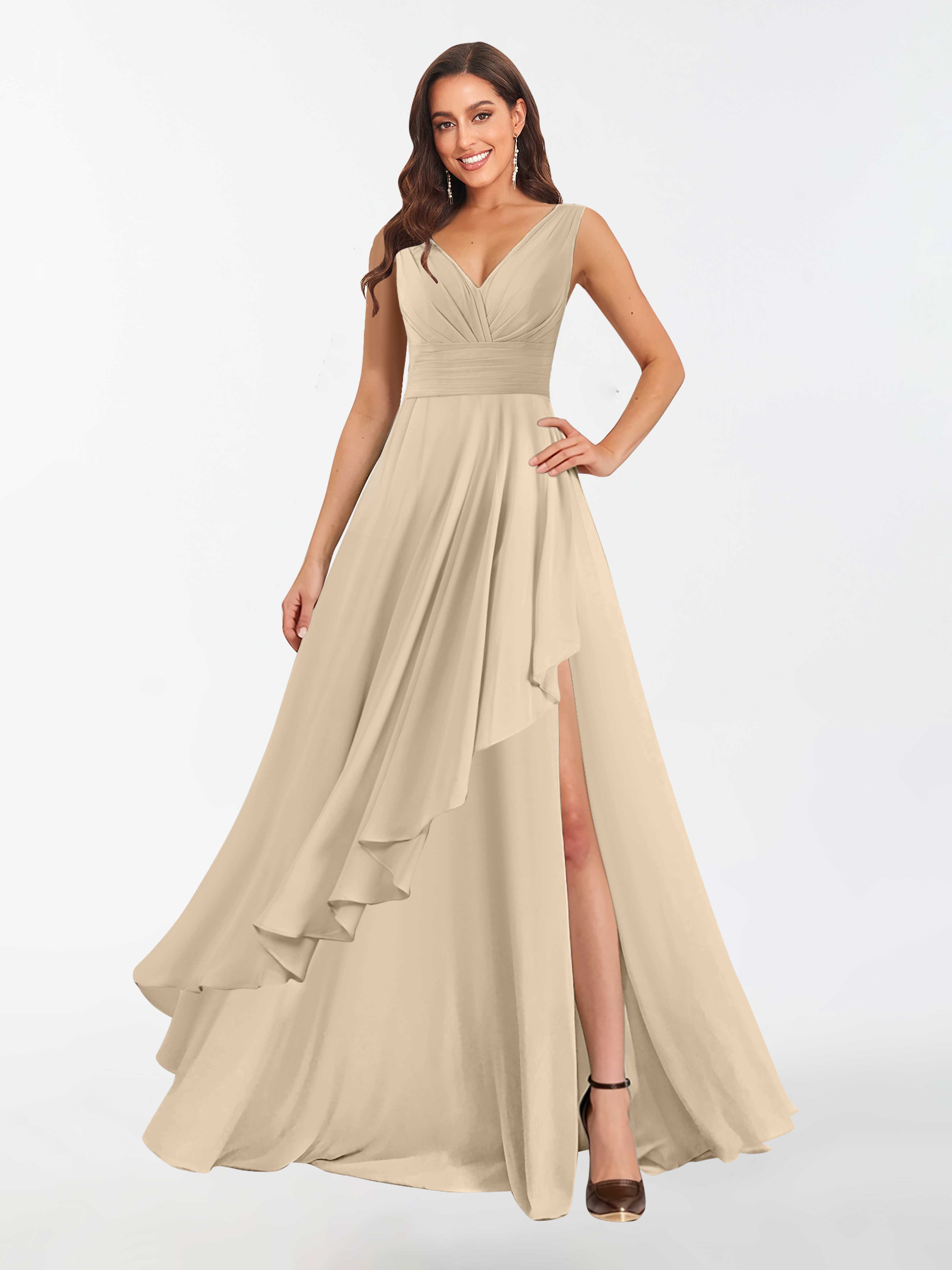 Nyla Modern Pleated High Low Chiffon Bridesmaid Dresses, Champagne Nyla Modern Pleated High Low Chiffon Bridesmaid Dresses, Champagne