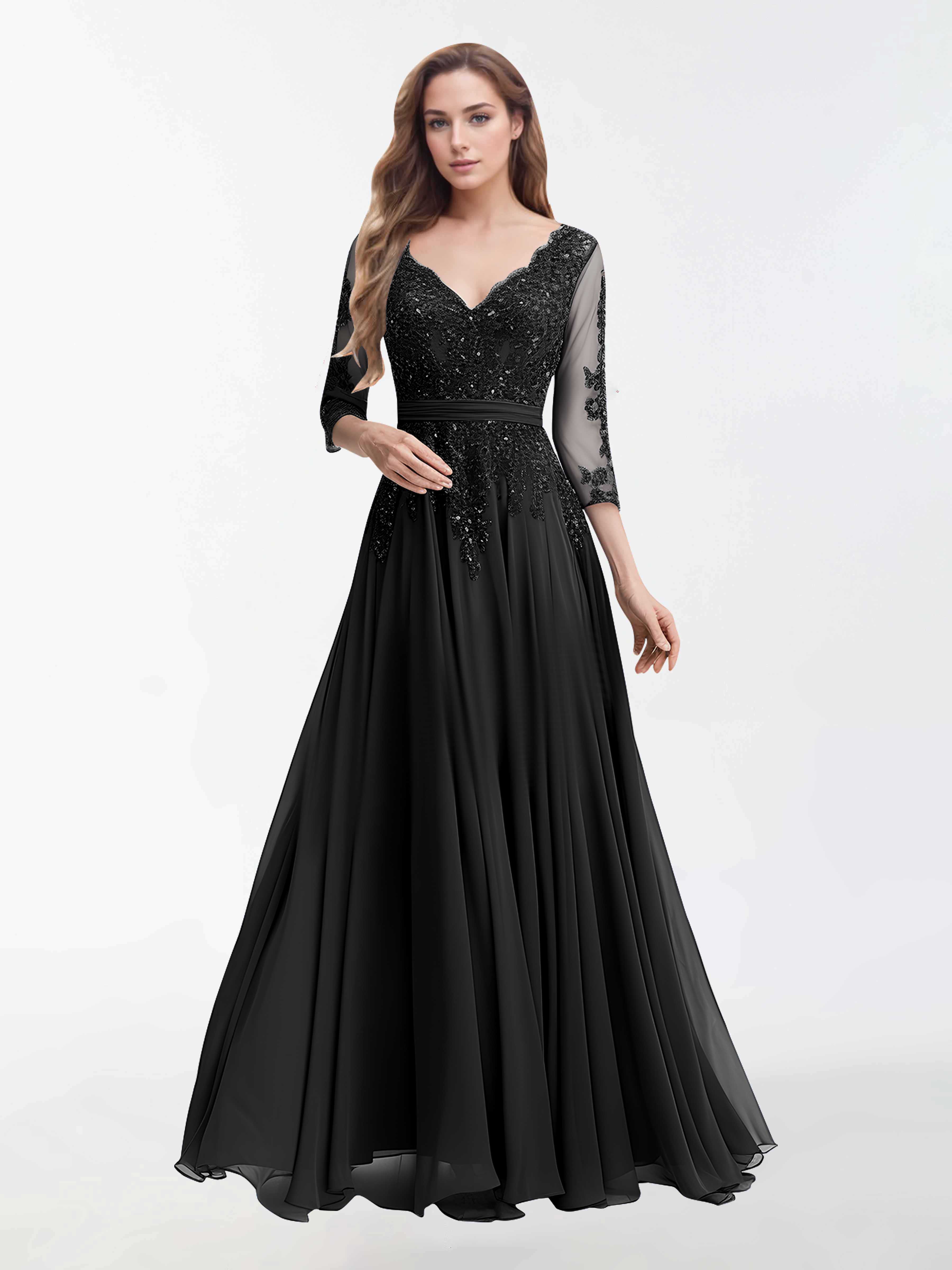 Sutton Stylish V Neck Sleeves Long Chiffon Mother Of The Bride Dresses, Black Sutton Stylish V Neck Sleeves Long Chiffon Mother Of The Bride Dresses, Black