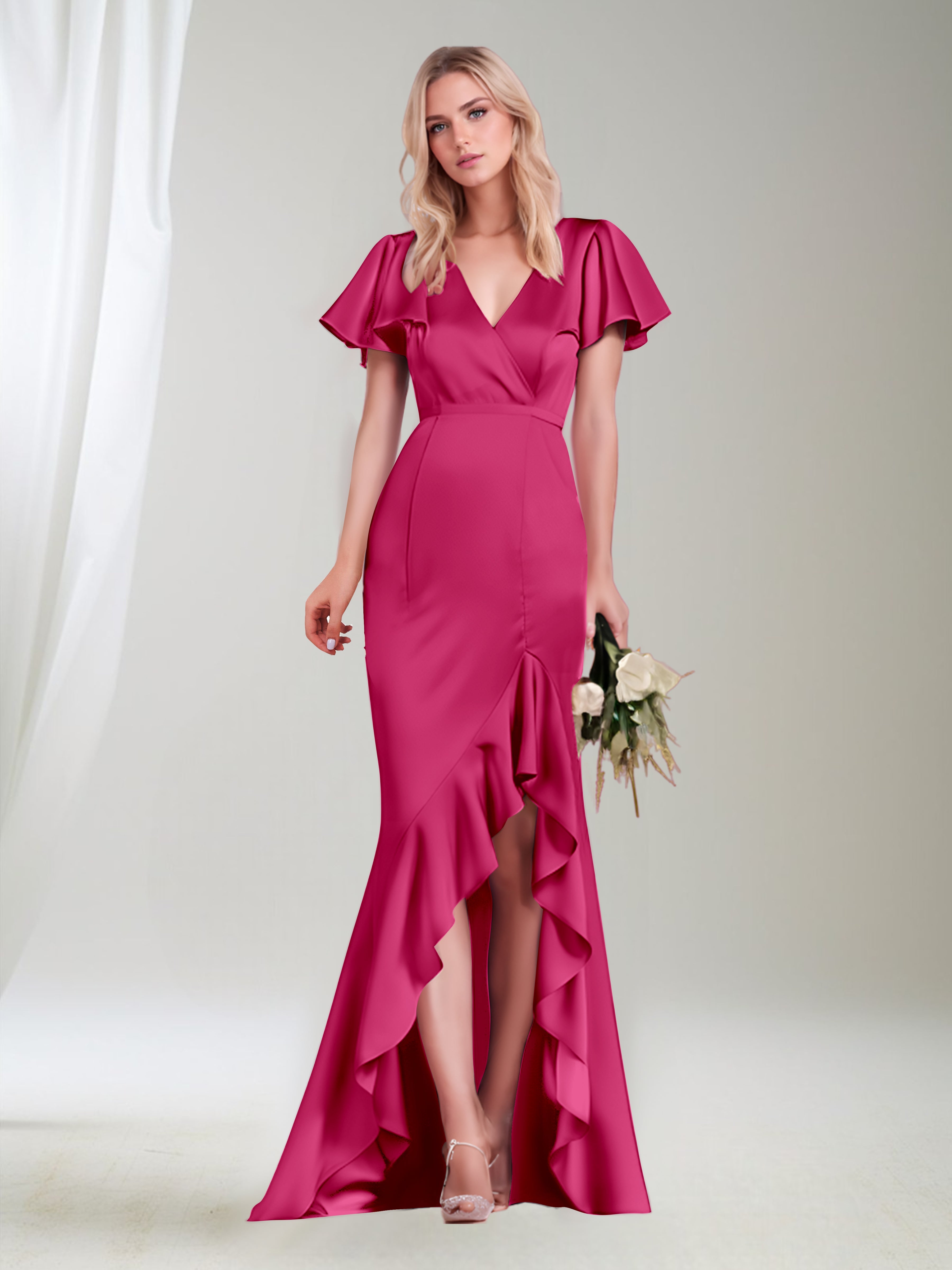 Sydney Stylish Short Sleeves Full Zipper Back Long Satin Dresses, Fuchsia Sydney Stylish Short Sleeves Full Zipper Back Long Satin Dresses, Fuchsia