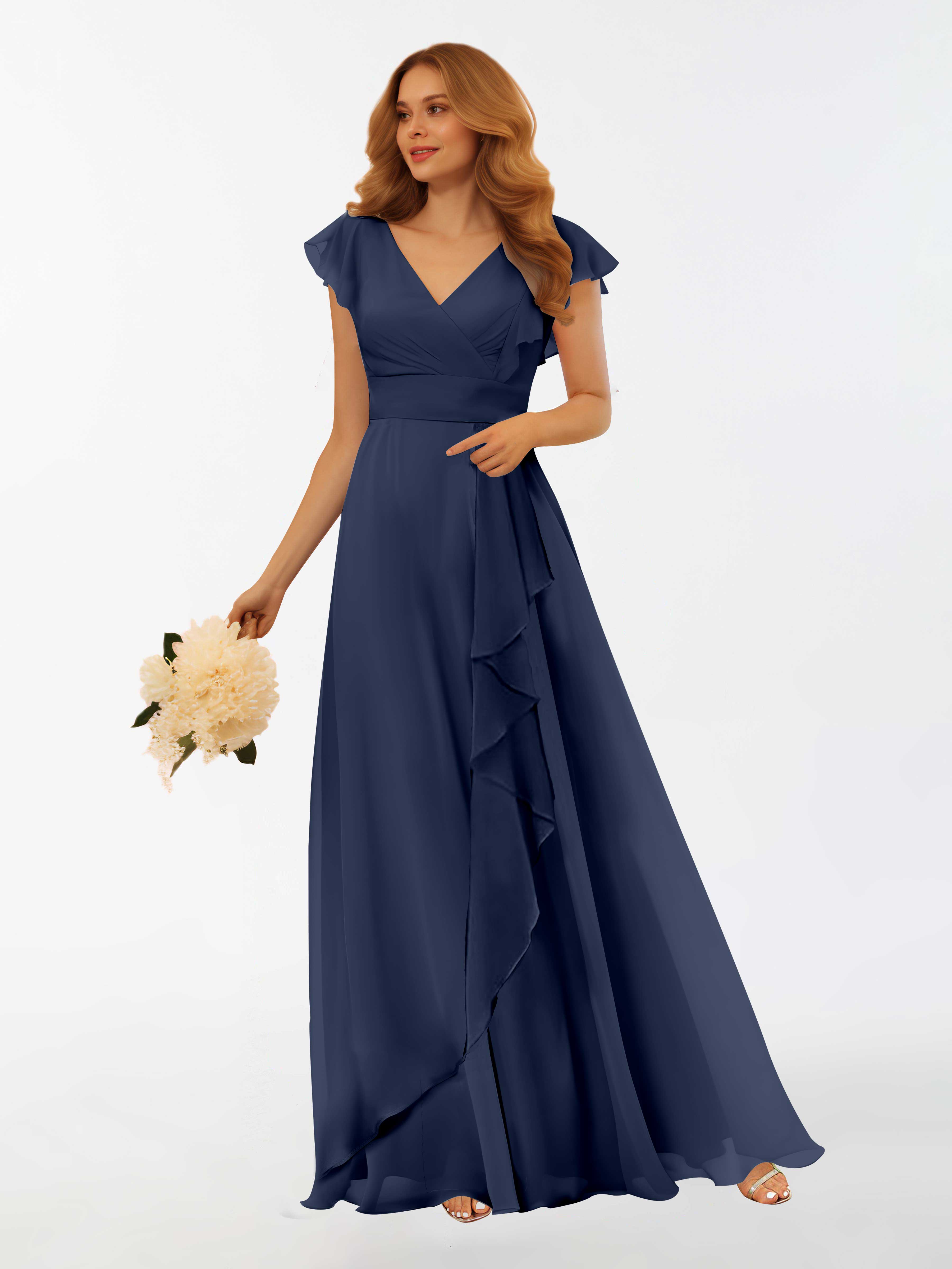 a line blue bridesmaid dress A Line V Neck Light Blue Chiffon Long Bridesmaid Dresses with Slit LD0 Lovedreamdress
