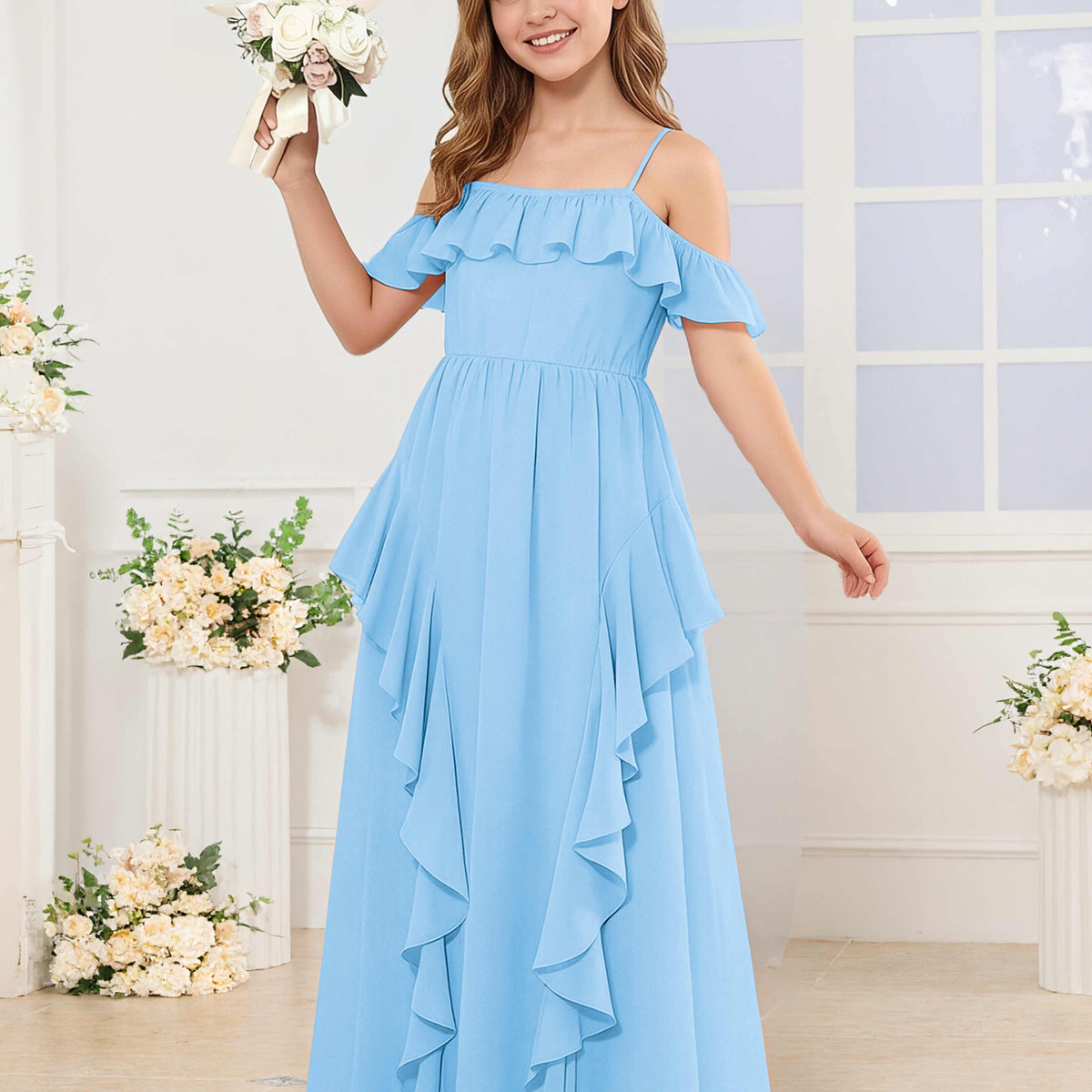 blue junior bridesmaid dresses Baby Dress | Spaghetti Strap Satin Bow Floor-Length Gown while the full Dusty Blue Junior Bridesmaid Dresses