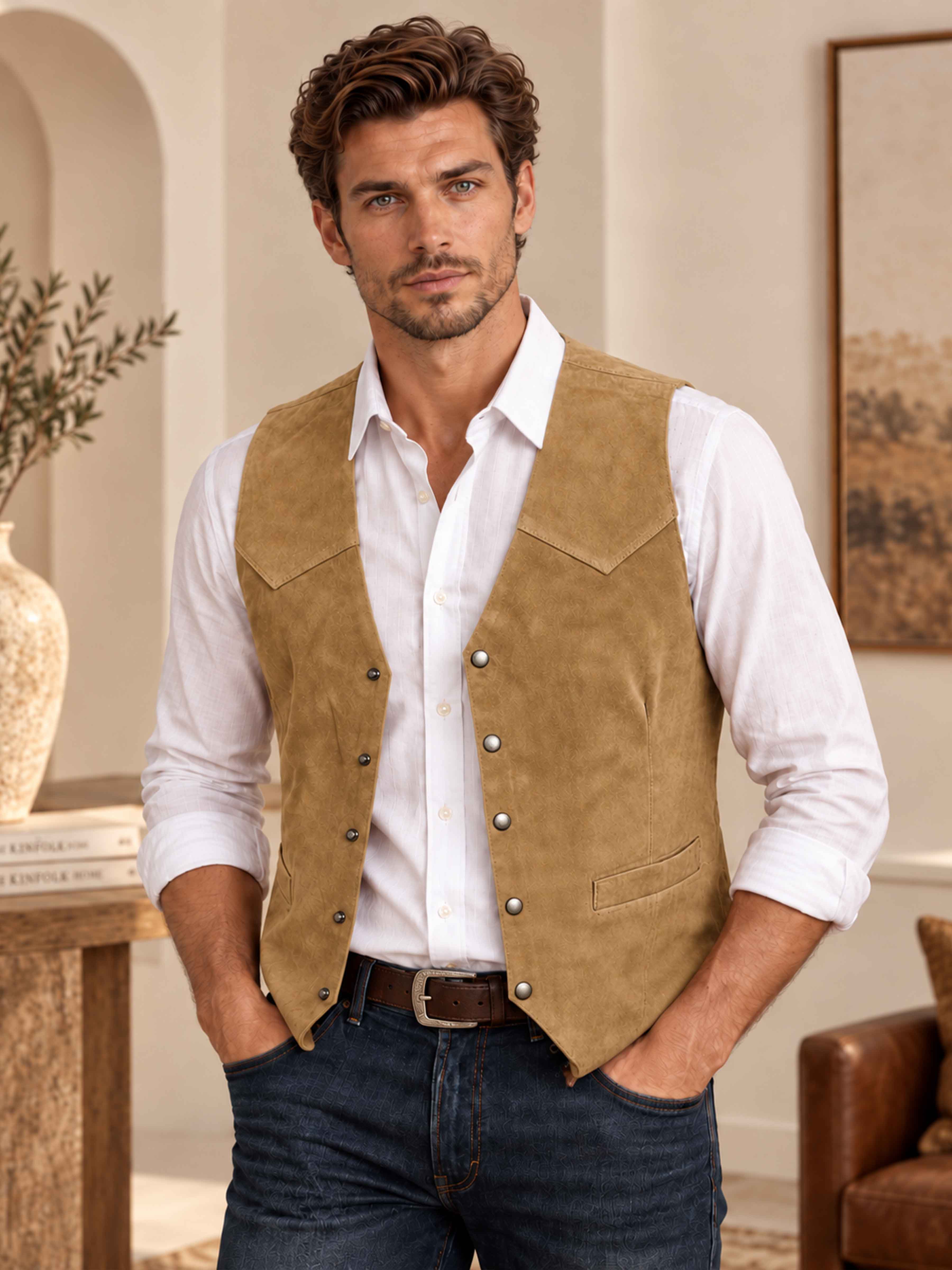 Classic Suede V Neck Button Front Men's Vest