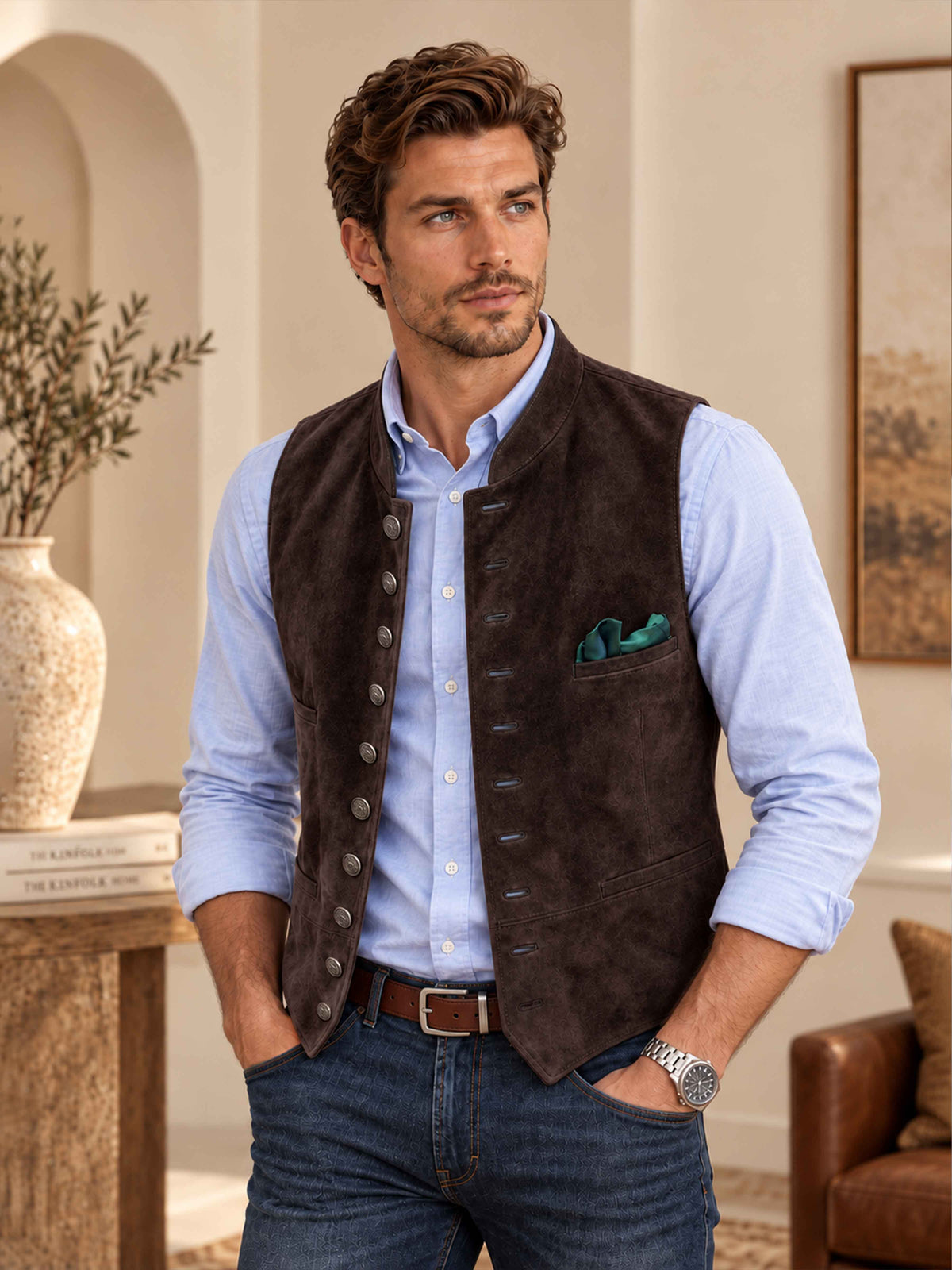 Stylish Suede Stand Collar Button Up Men's Vest