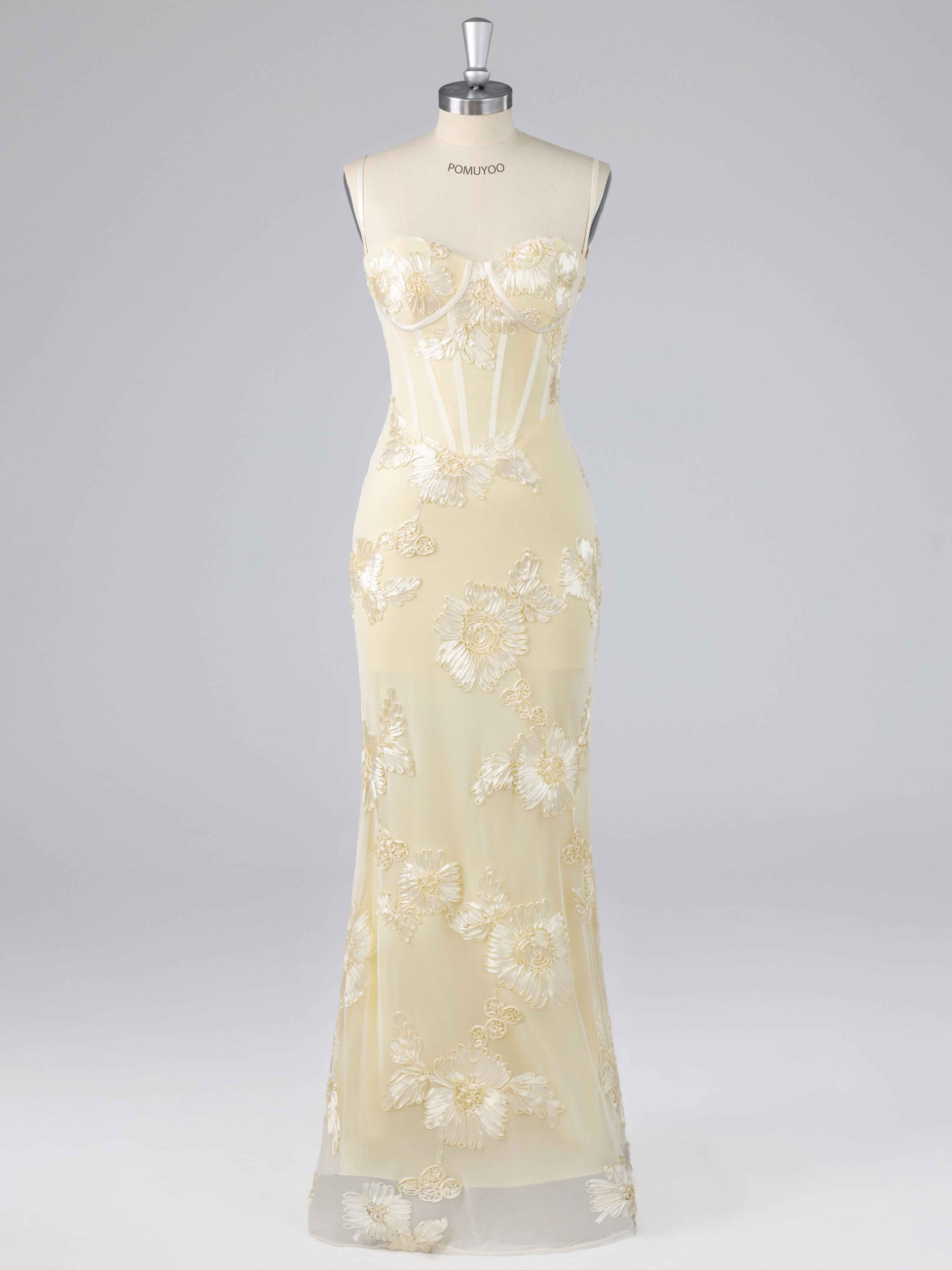 Galatea Delicate Spaghetti Straps Floral Ribbon Appliques Occasion Dresses