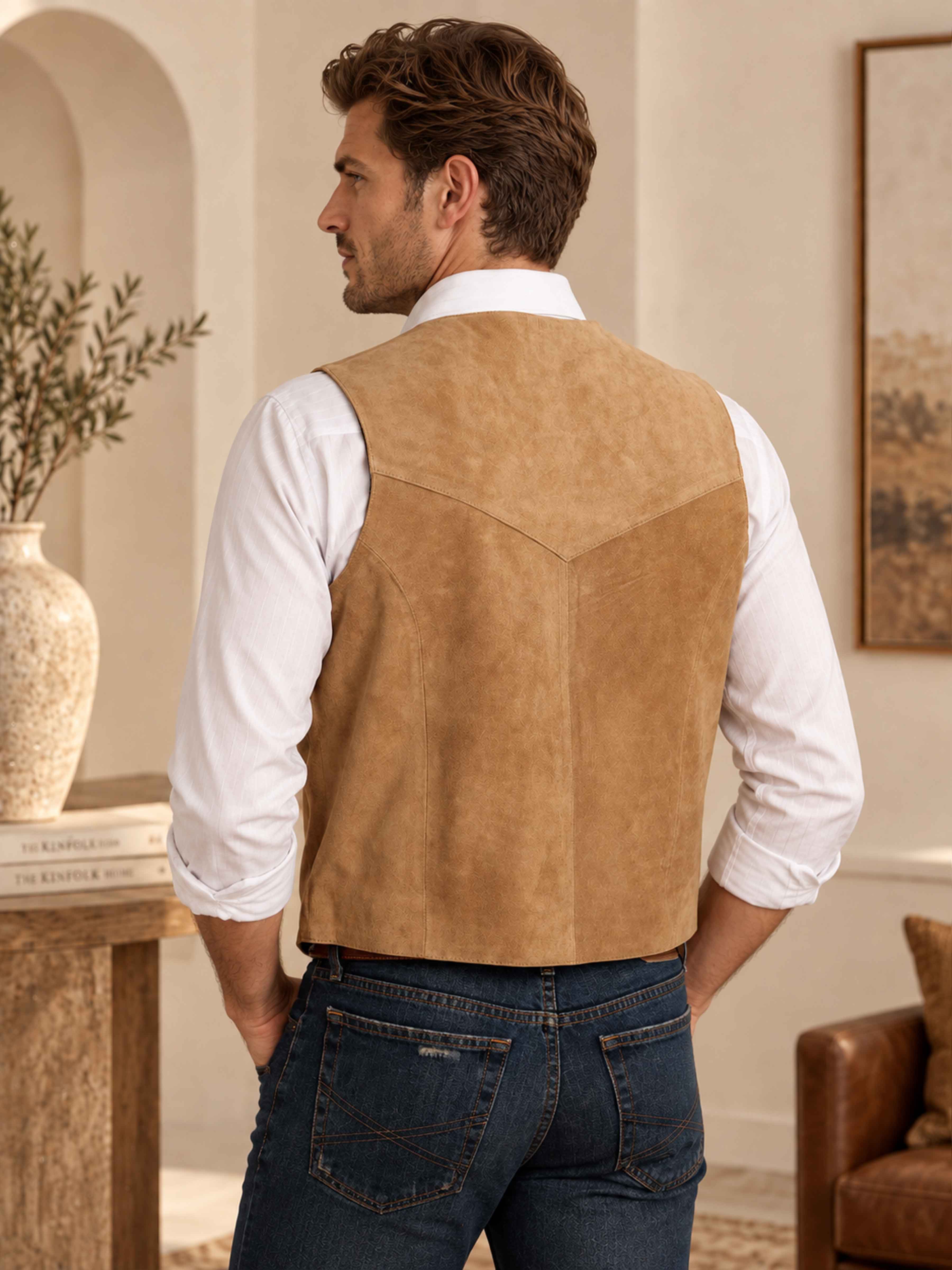 Classic Suede V Neck Button Front Men's Vest